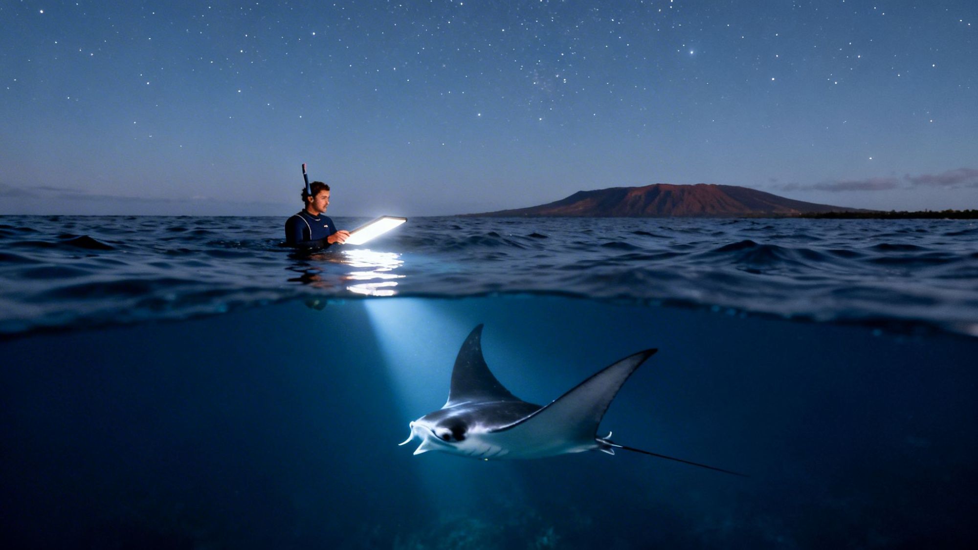 Snorkeler with light above water, manta ray illuminated below, starlit sky and mountain in background.