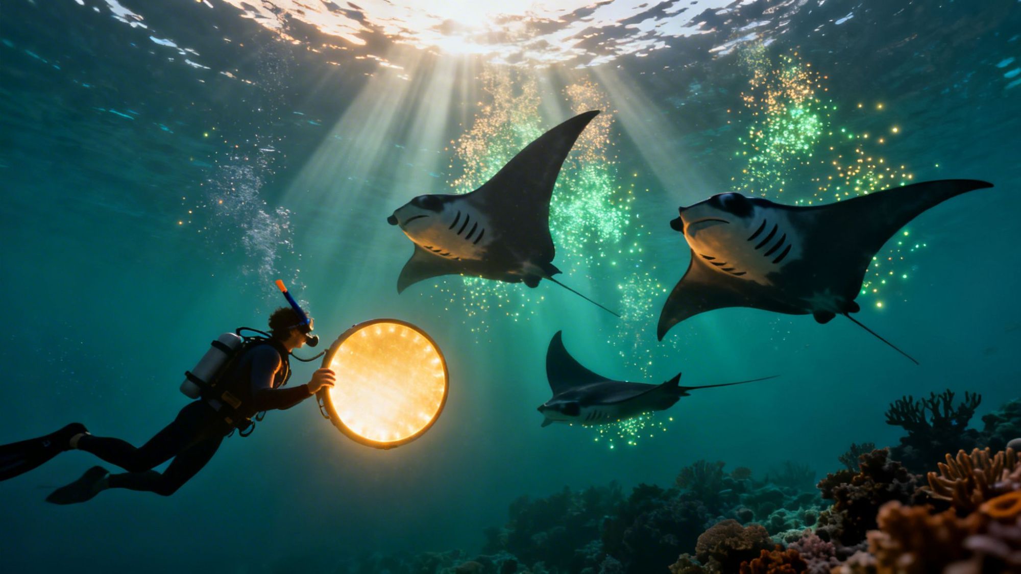 Diver with light interacts with three manta rays underwater, surrounded by glowing particles.