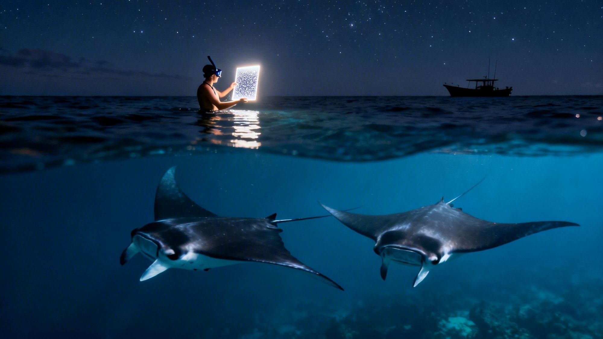 Person with light board in water above manta rays; night sky and boat in background.