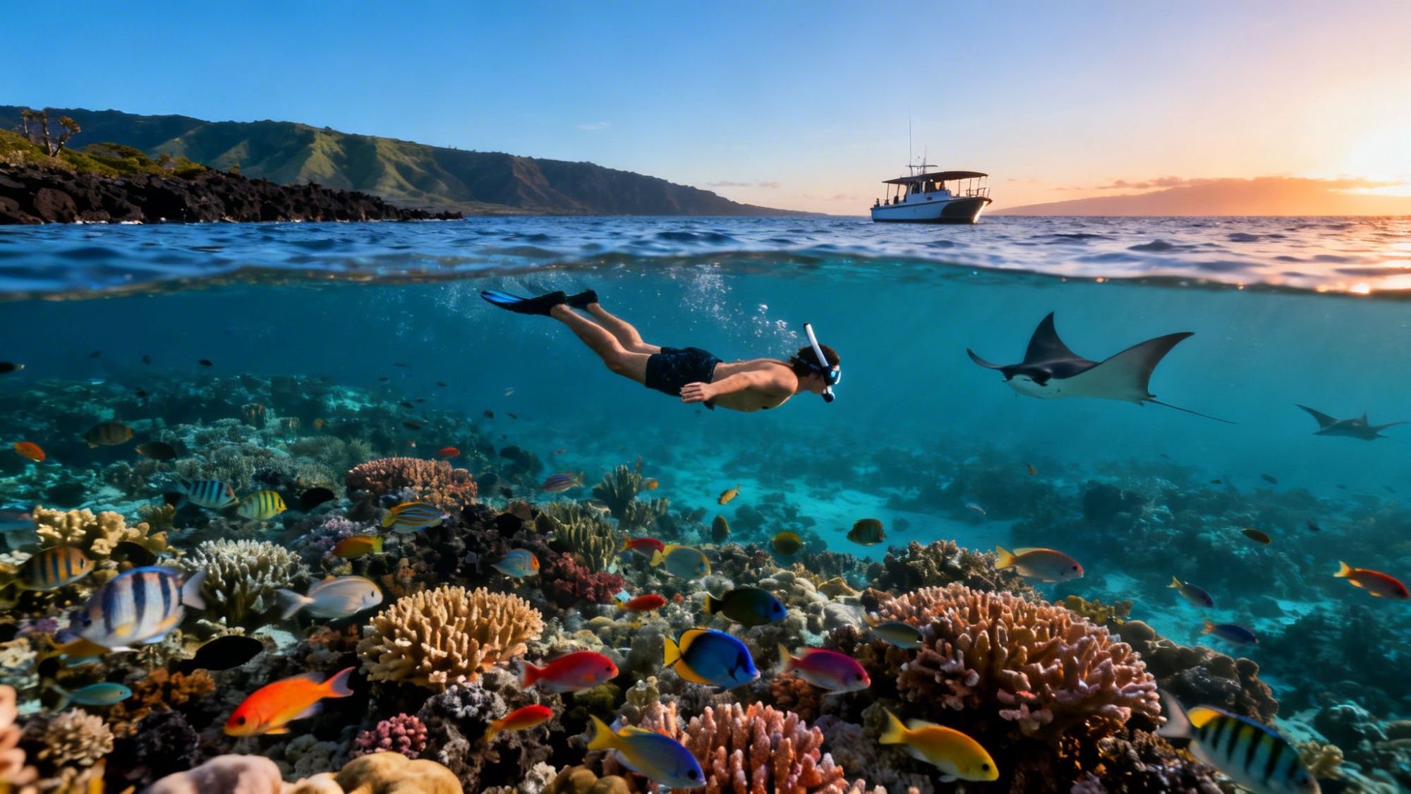 Snorkeler above coral reef with colorful fish, near boat and rays at sunset.