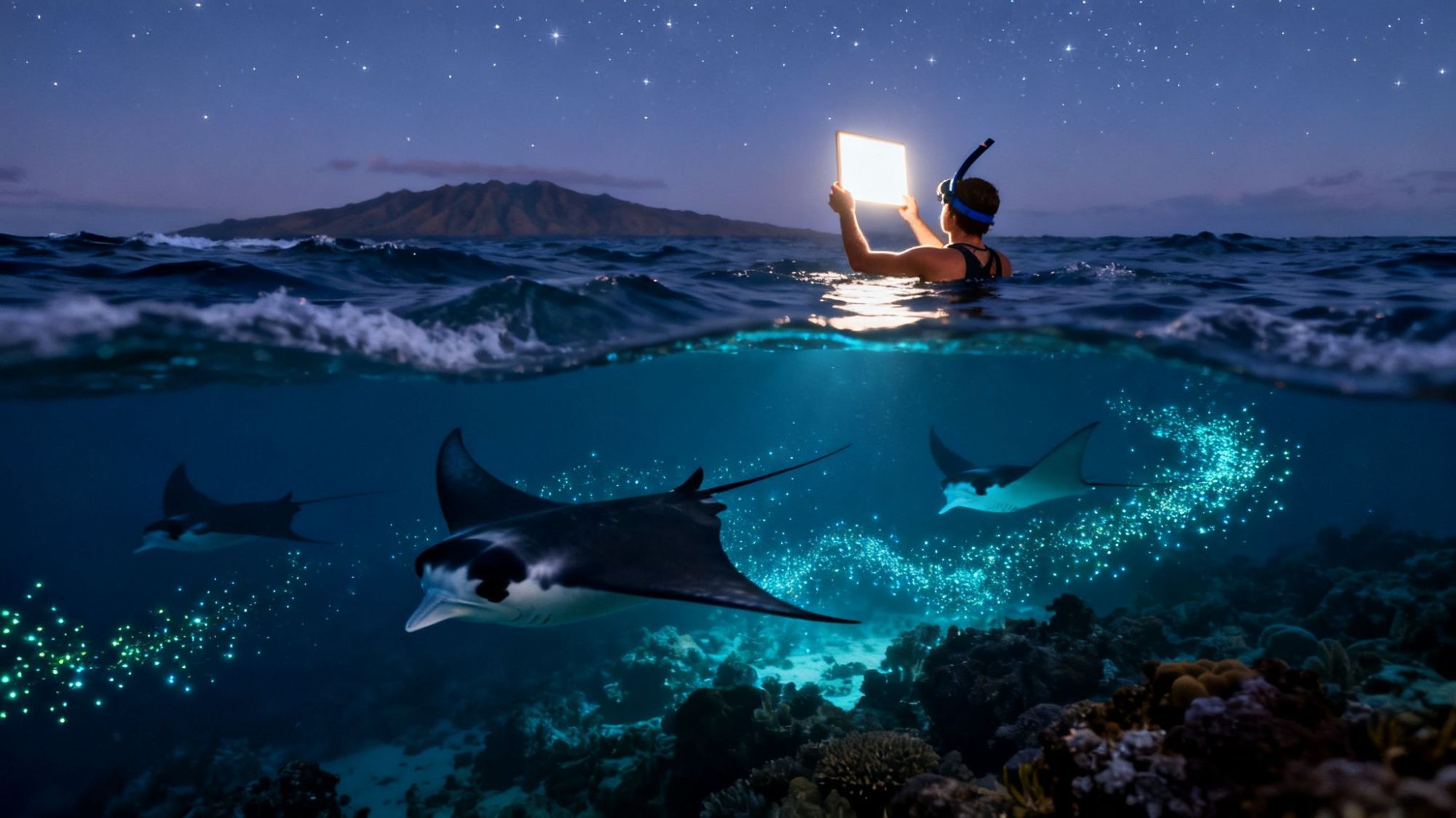 Snorkeler with light above ocean, manta rays and bioluminescence underwater at dusk with island in background.