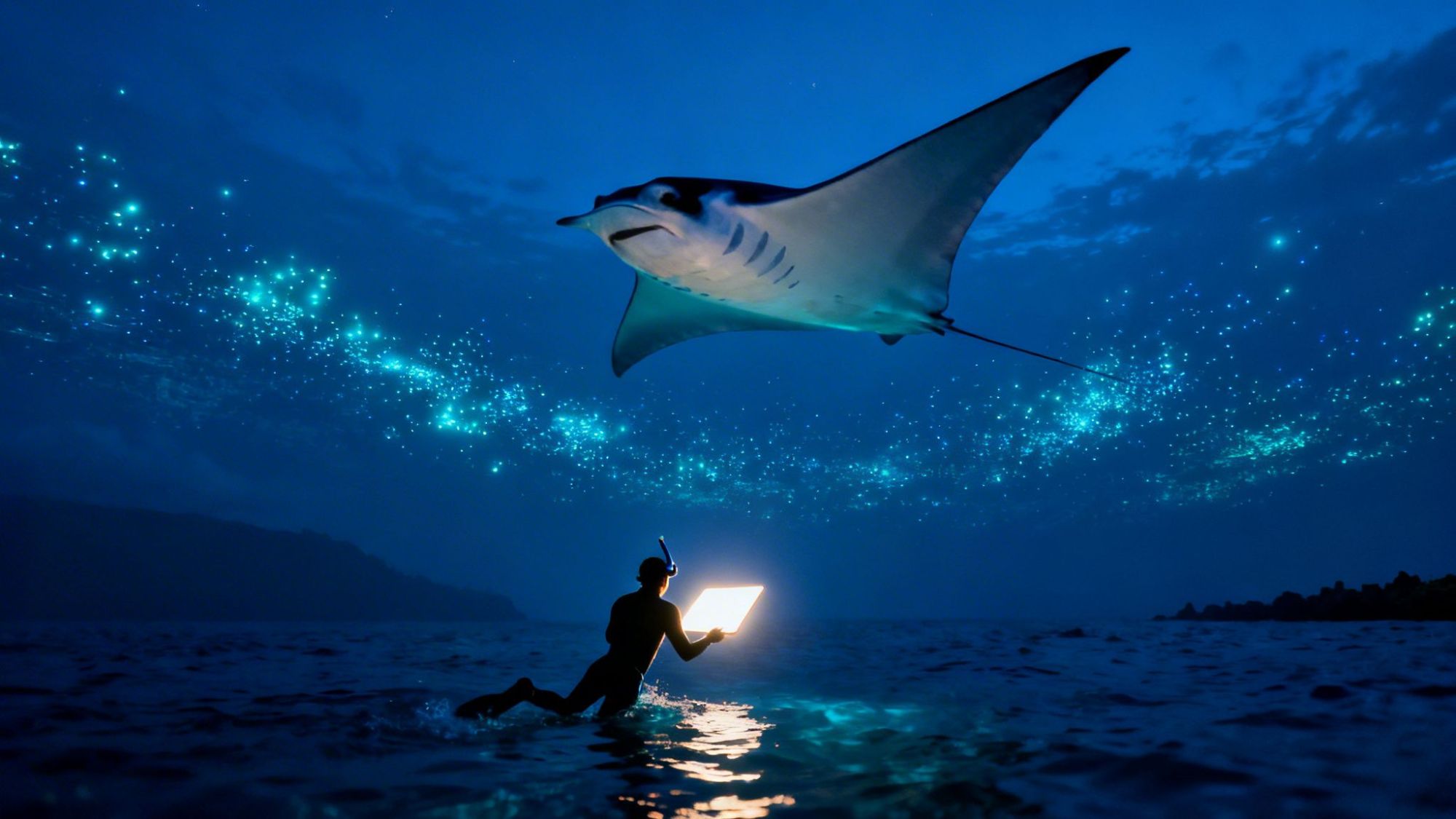 Person in water at night with a glowing device, large manta ray overhead, and stars in the sky.