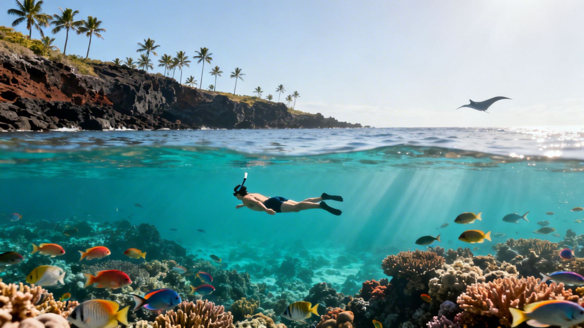 Person snorkeling above vibrant coral reef with colorful fish, near a coast with palm trees and a manta ray in the sky.