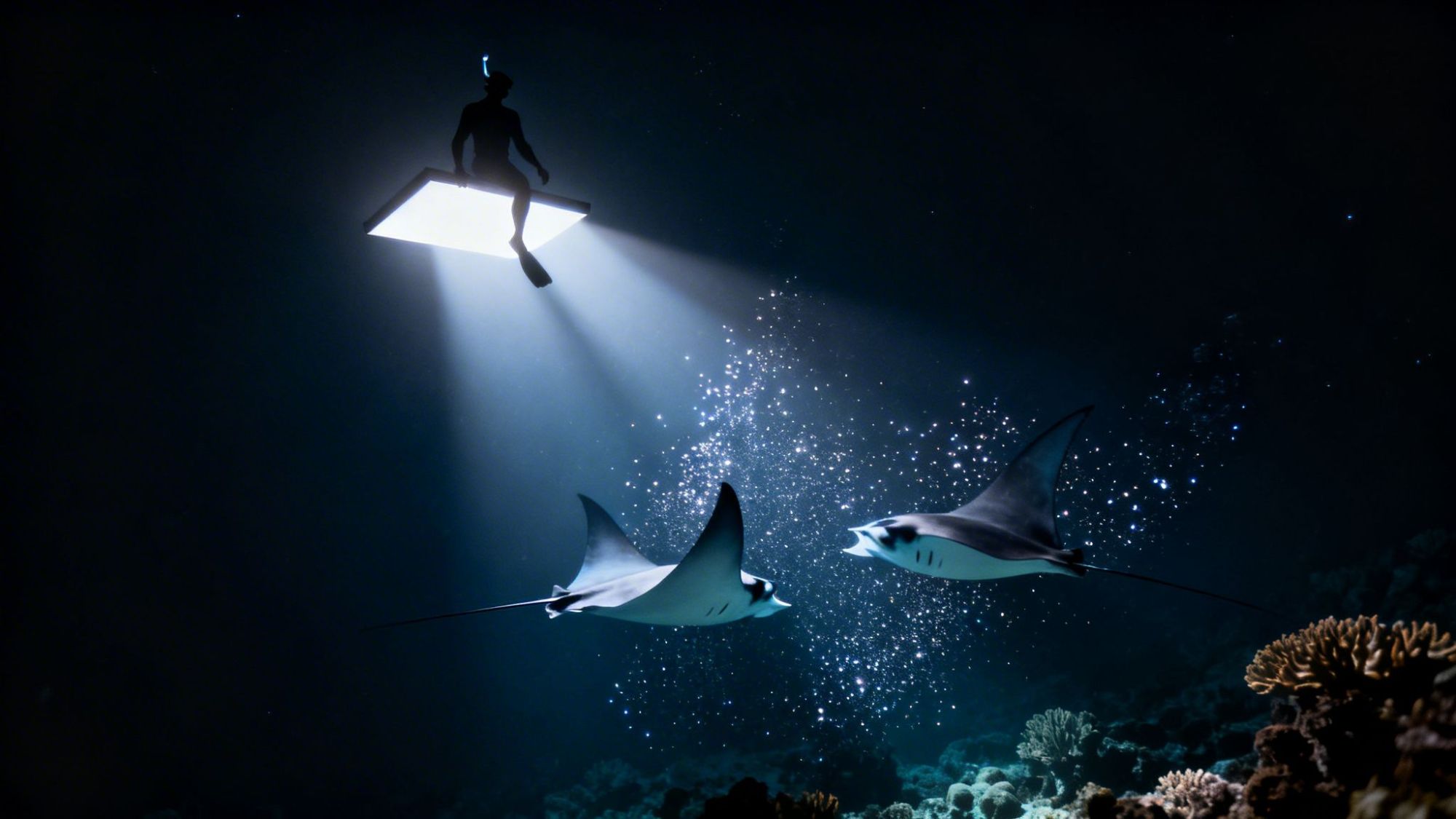 Diver above two manta rays in illuminated dark ocean waters with coral.