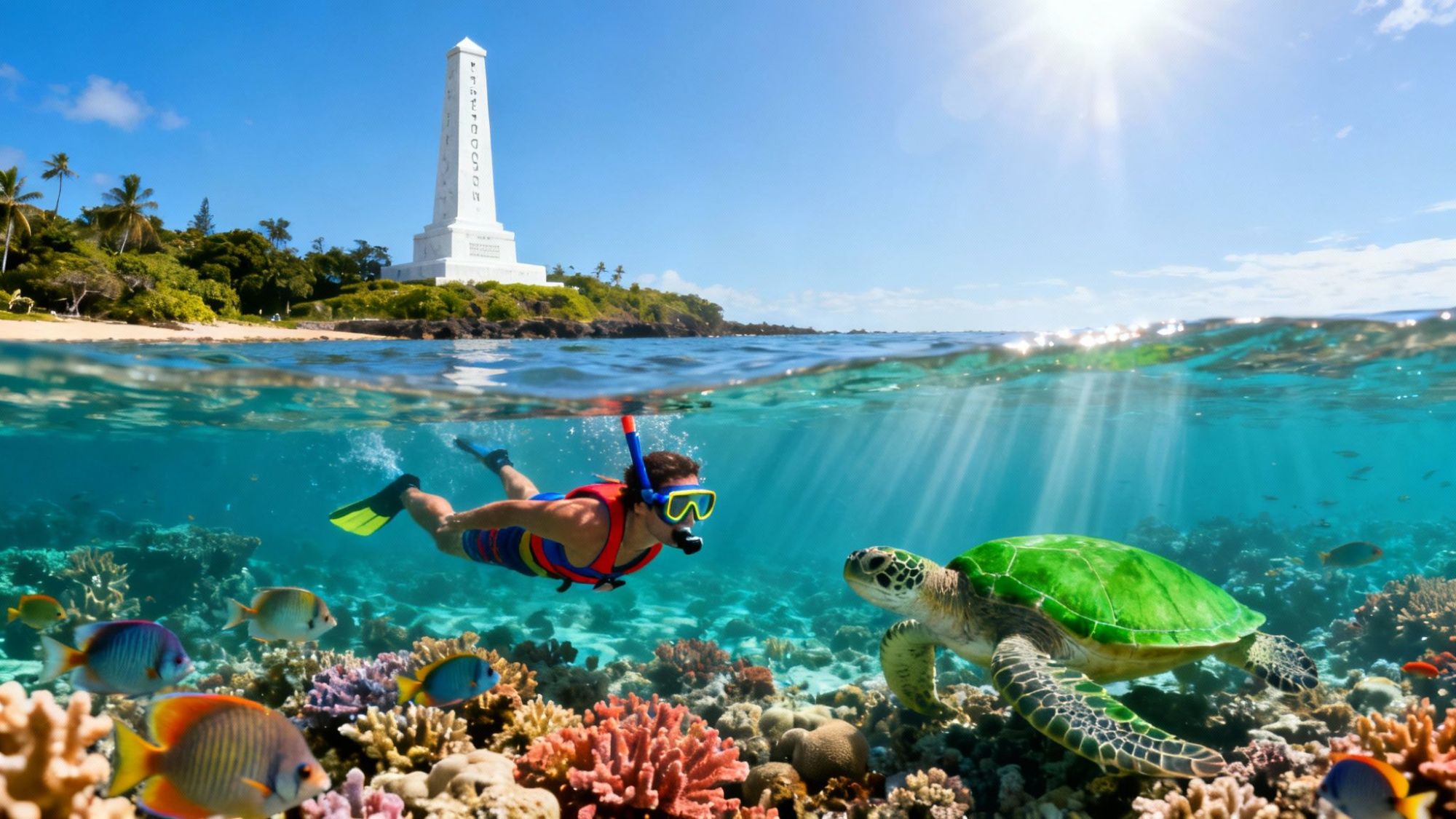Snorkeler and sea turtle in clear water near a monument on a sunny day.