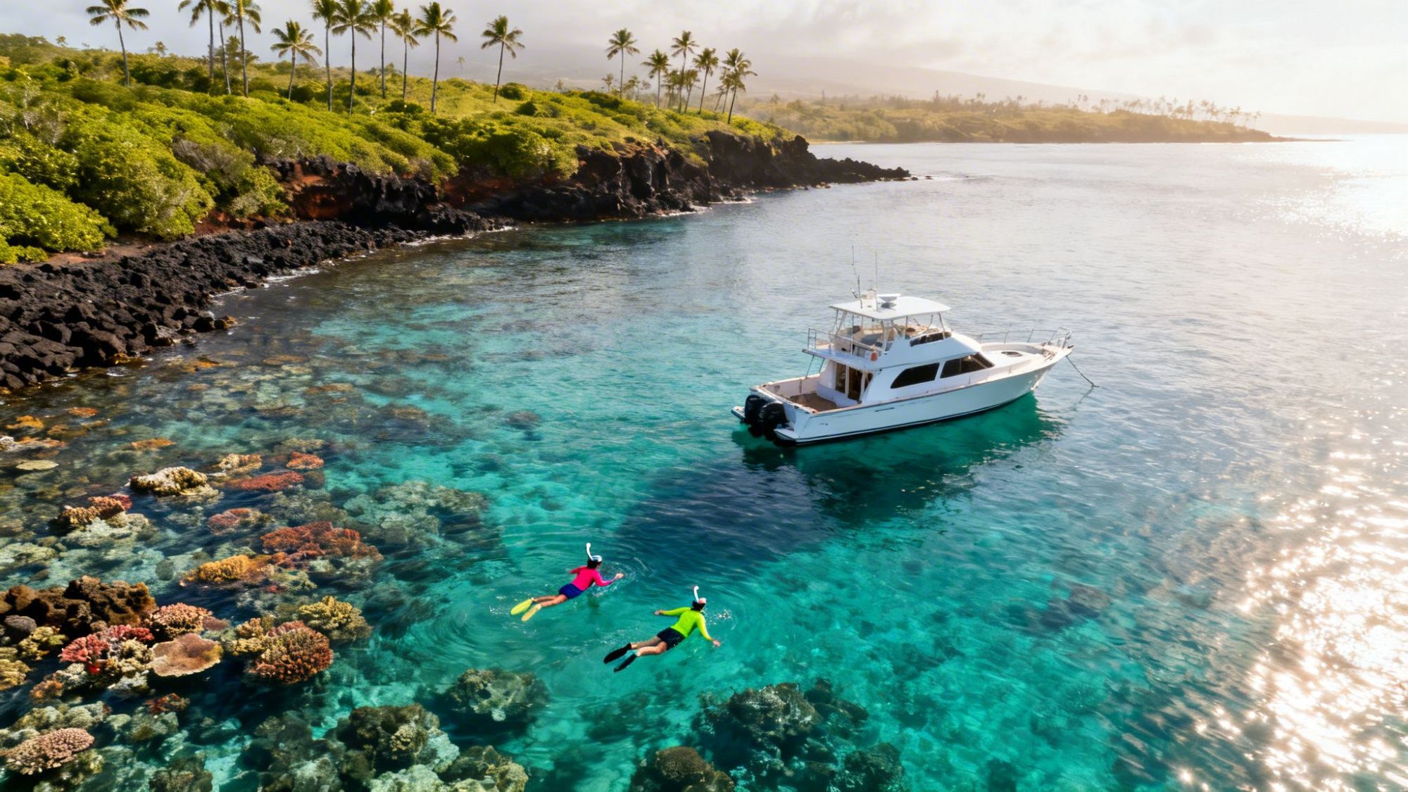 Two snorkelers near coral reef and boat in tropical bay with palm trees.