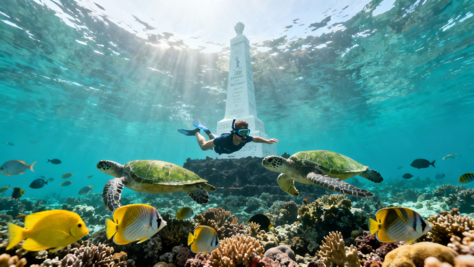Snorkeler near sea turtles and fish by an underwater monument in clear blue water.