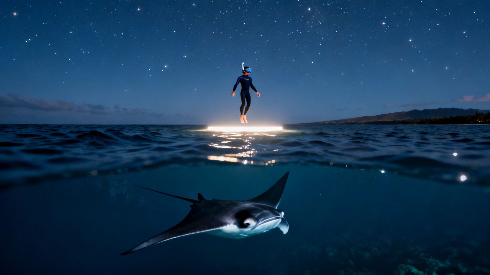 Snorkeler illuminated on water surface with manta ray below, starry night sky above.