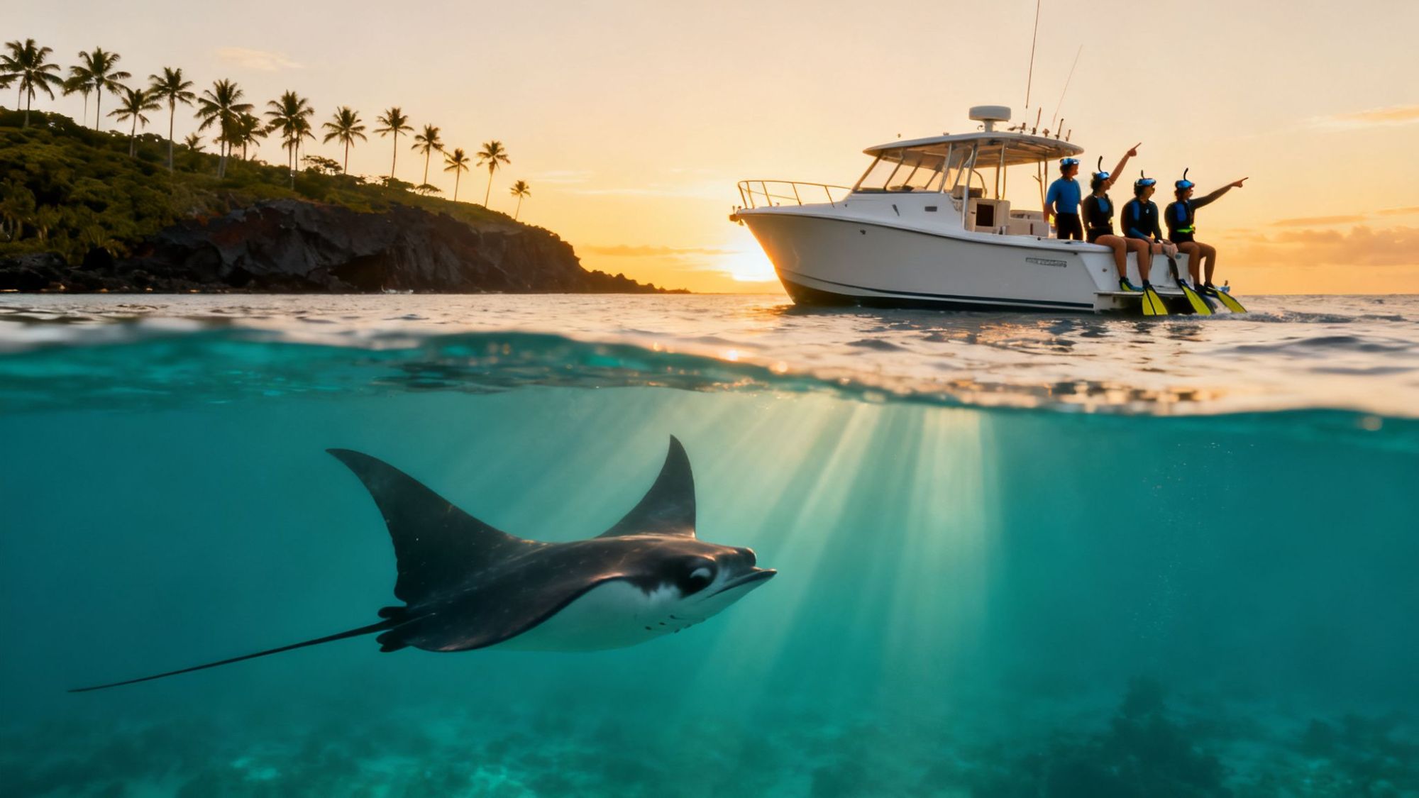 Snorkelers sit on boat edge, pointing at manta ray underwater at sunset near palm-lined shore.