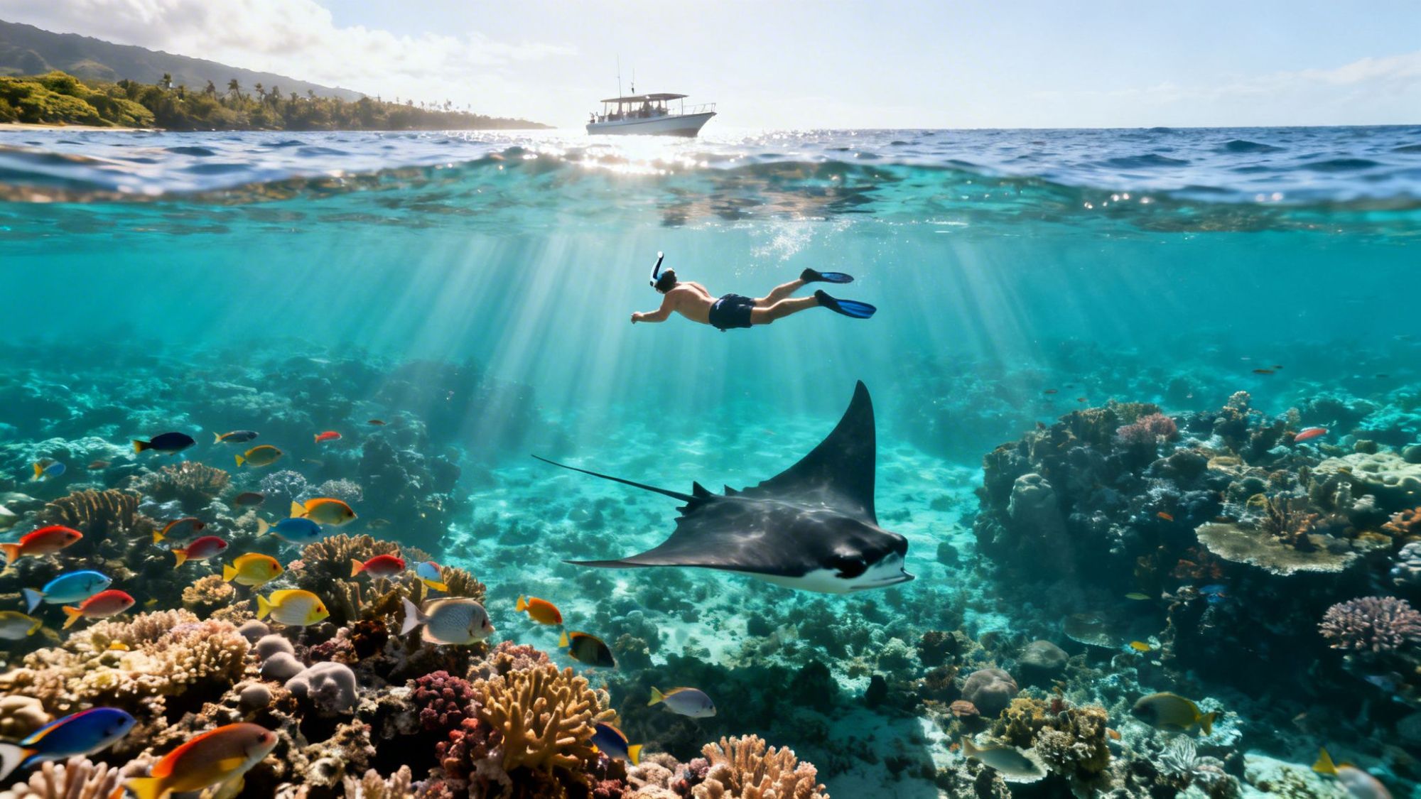 Snorkeler swims above coral reef with colorful fish and a manta ray, boat visible on the ocean surface.