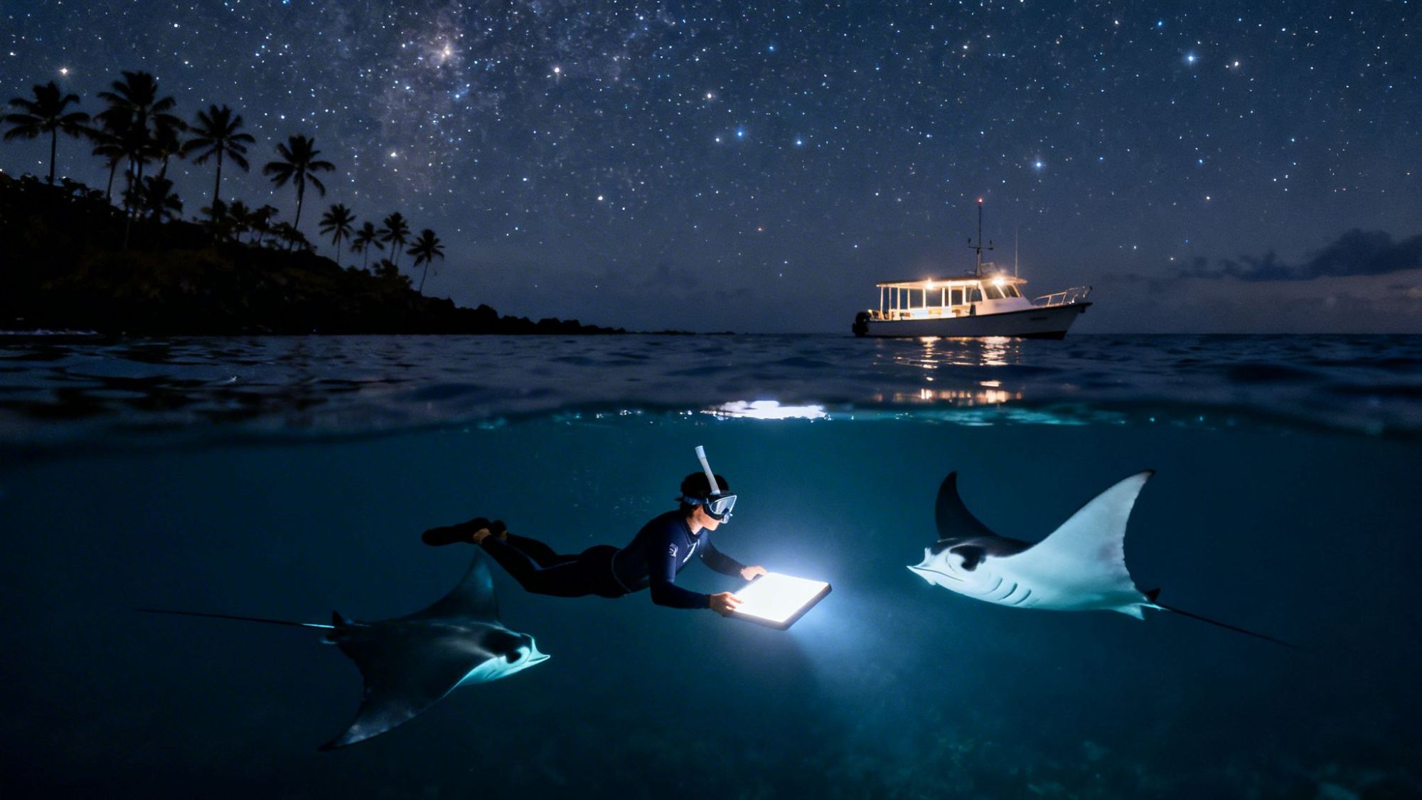 Night snorkeler with manta rays, illuminated board, boat, and starry sky.