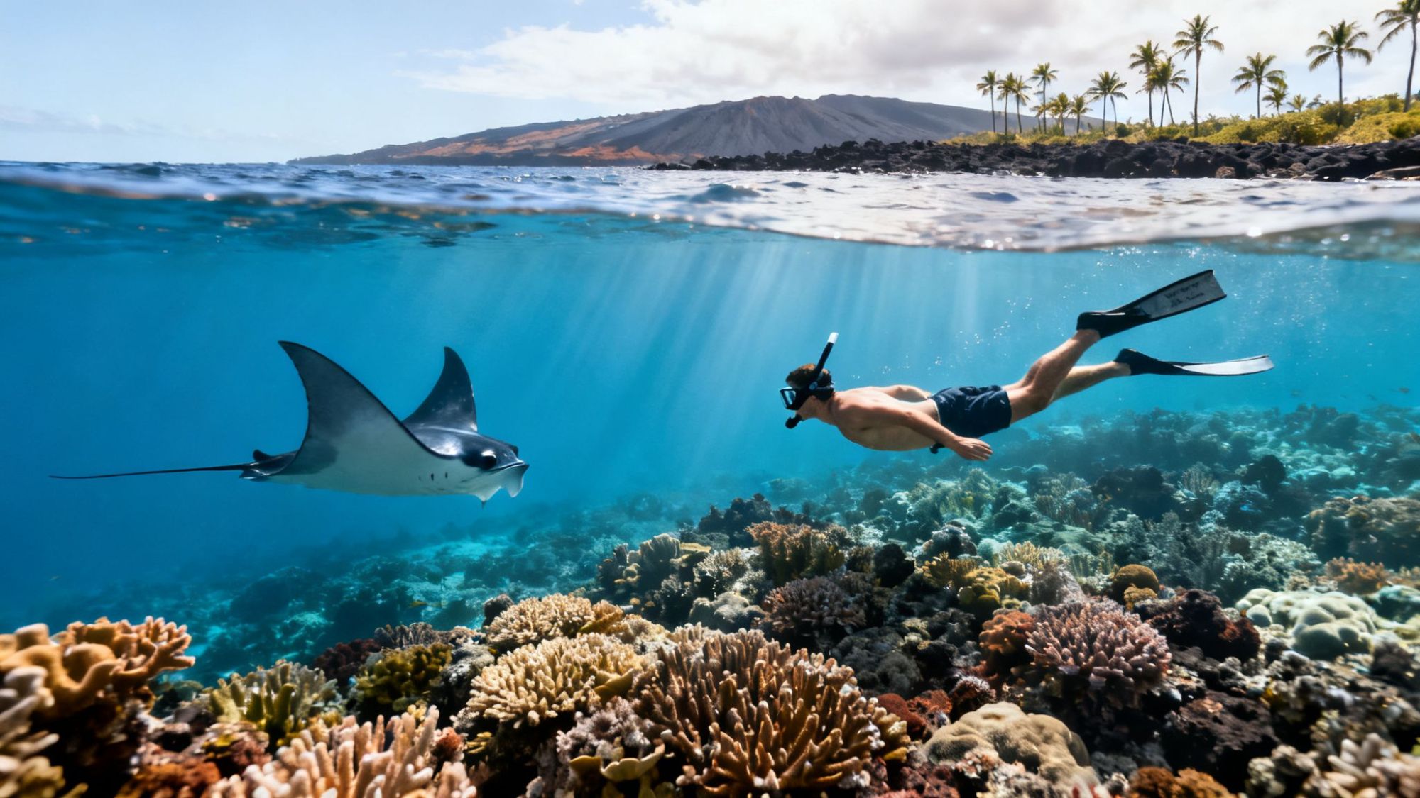 Snorkeler swimming near a manta ray over coral reef, with a beach and palm trees in the background.