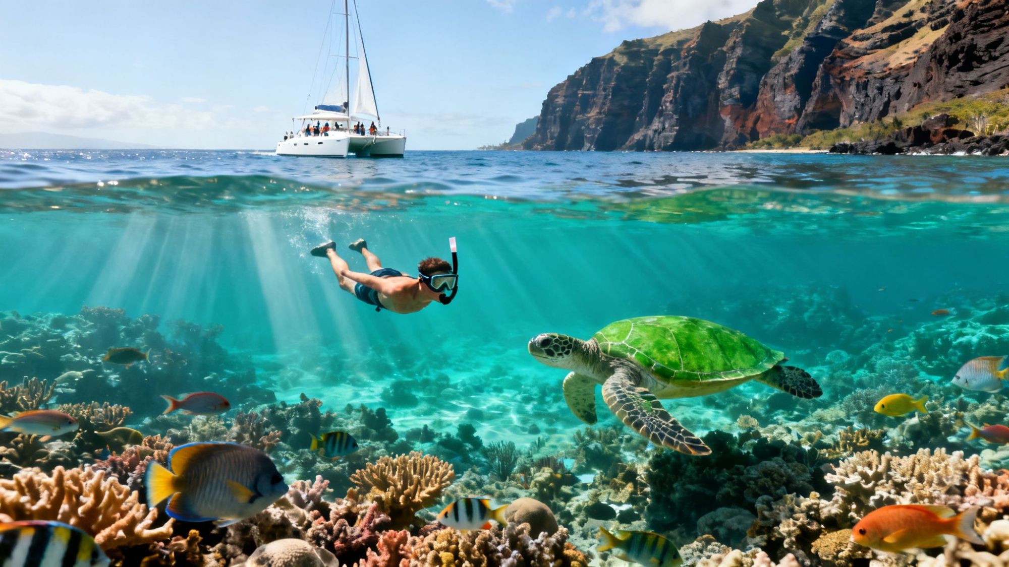 Underwater view of snorkeler swimming with sea turtle near coral reef, sailboat and cliffs in background.