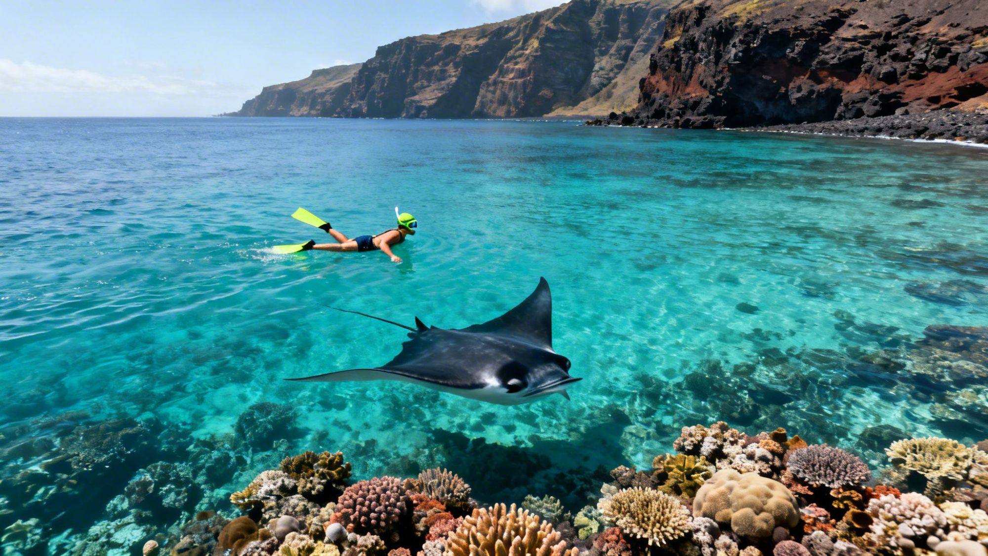 Person snorkeling in clear water near coral reef with a manta ray, rocky cliffs in the background.