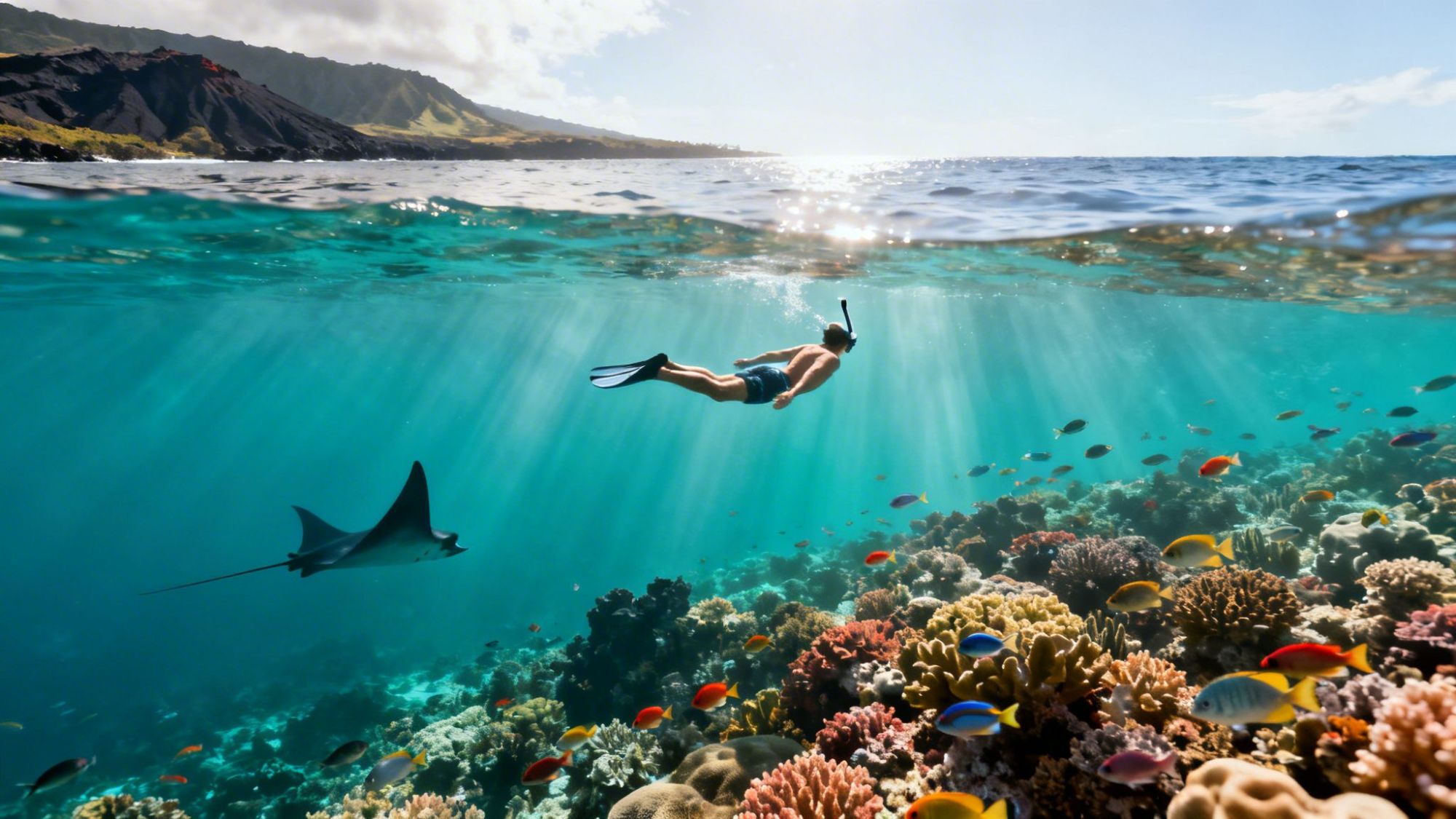 Person snorkeling near a colorful coral reef with rays of sunlight streaming through the water.