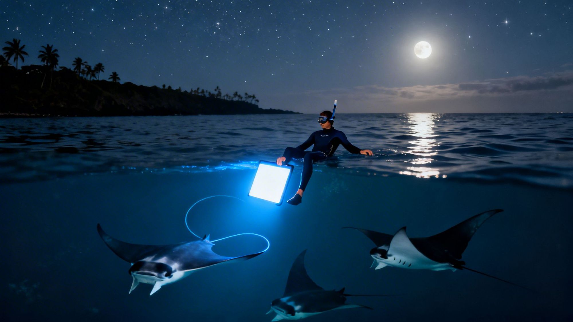 Person snorkeling at night, sitting on a lit cube, with manta rays below in the moonlit ocean.