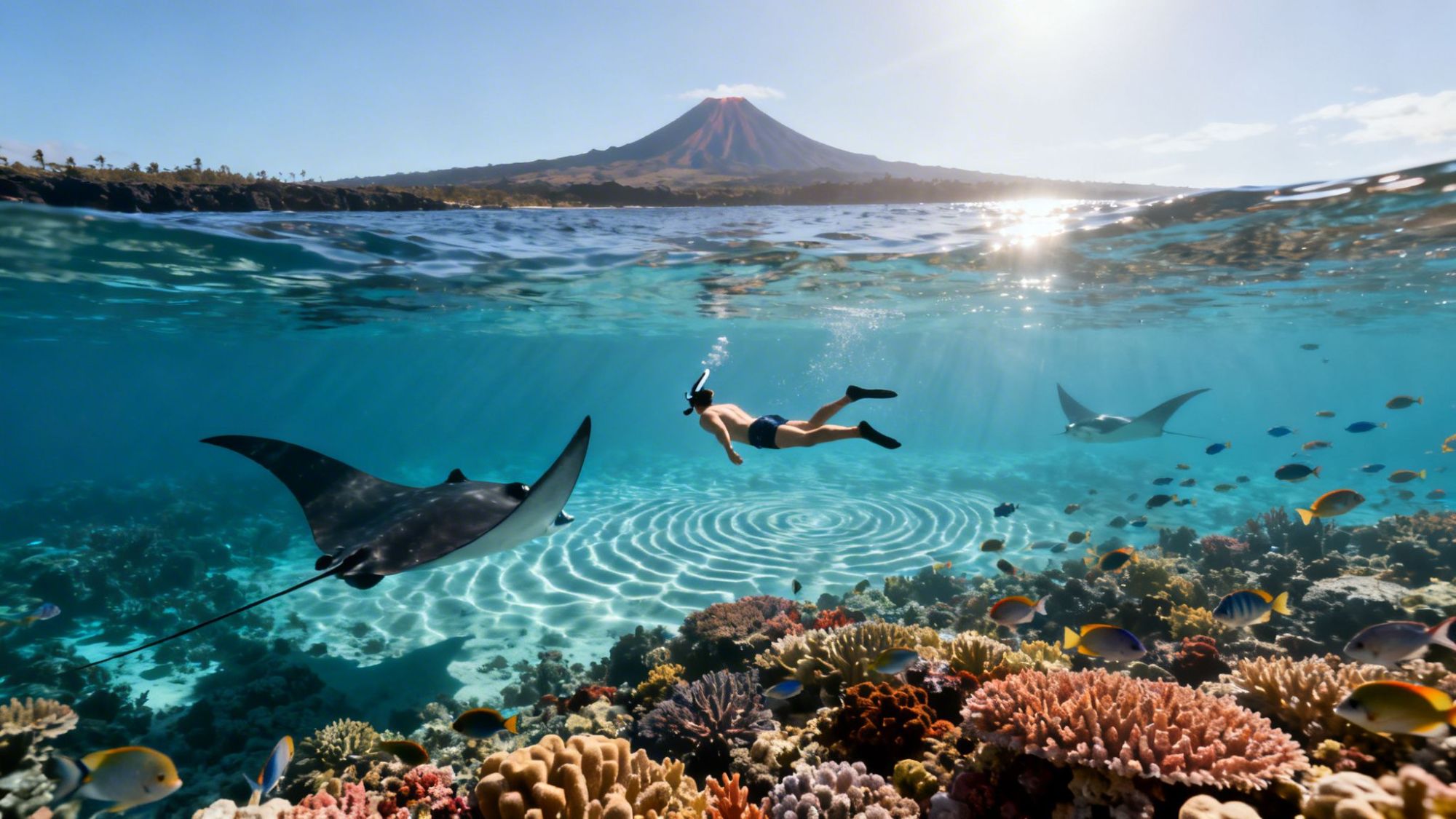 Snorkeler swims near manta rays over coral reef with volcano in background.