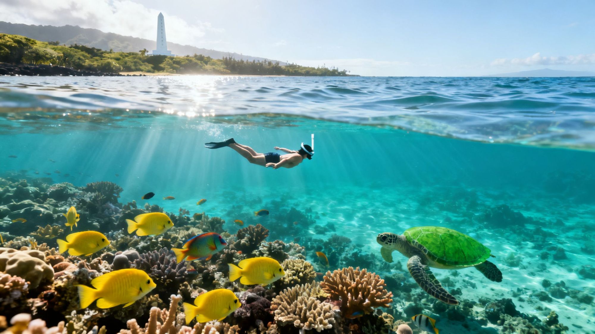 Snorkeler swims above coral reef with colorful fish and a sea turtle, under bright sunlight.