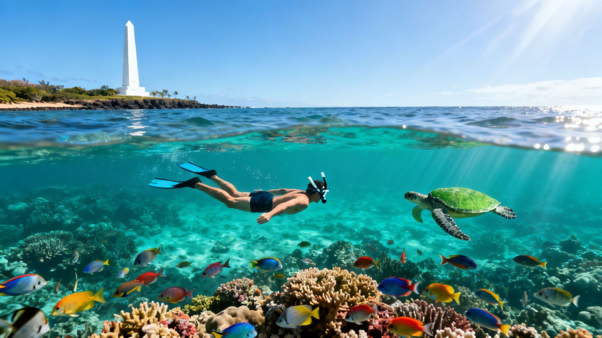 Snorkeler swimming with turtle, colorful fish, coral reef below; white obelisk on shore in background under clear sky.