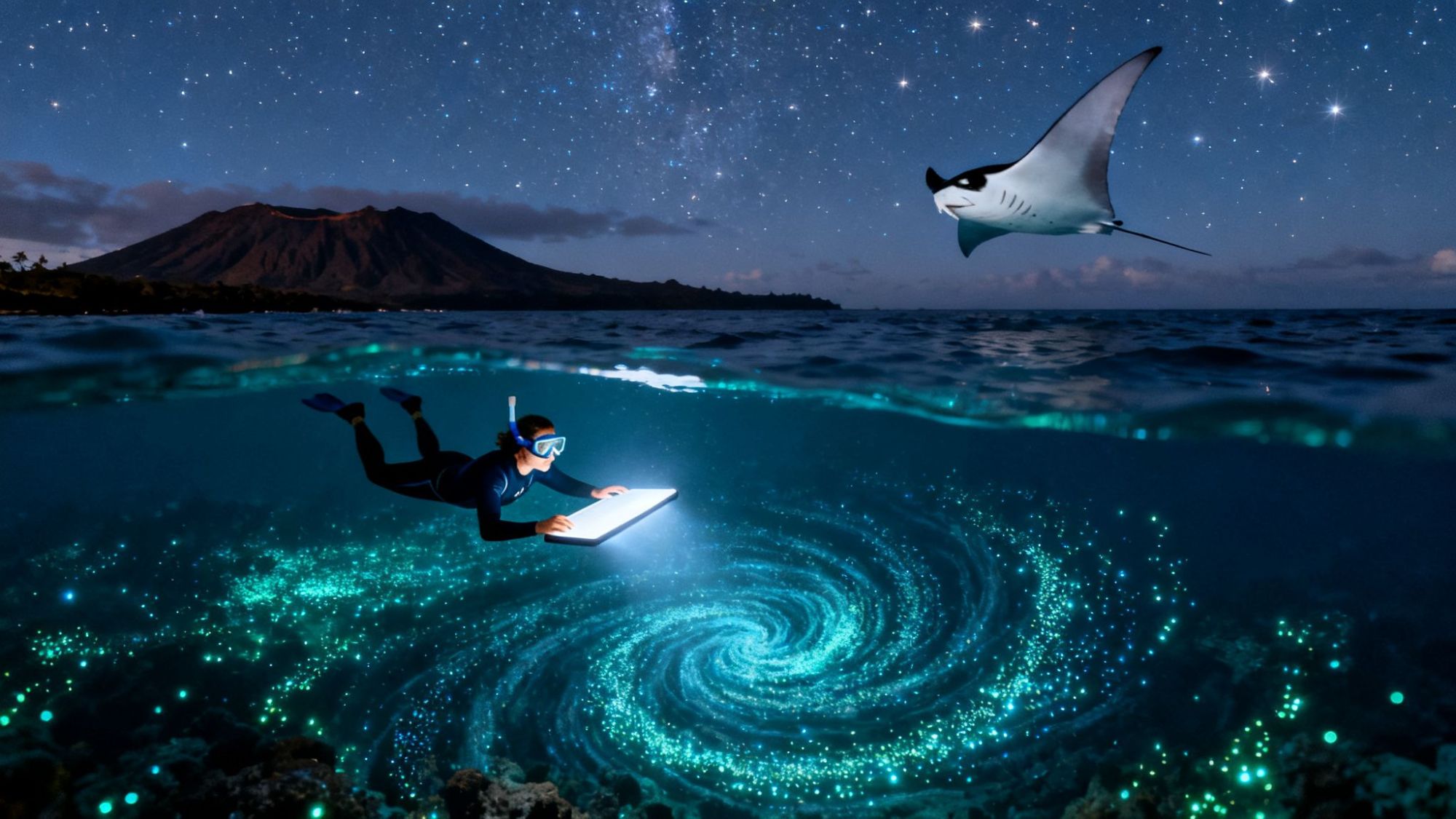 Diver with tablet swimming over glowing ocean vortex at night with starry sky and manta ray overhead.