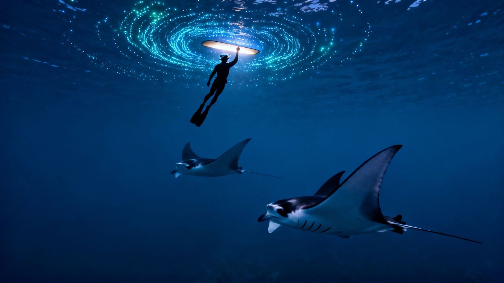 Diver near water surface light bloom with two manta rays swimming below in deep blue ocean.