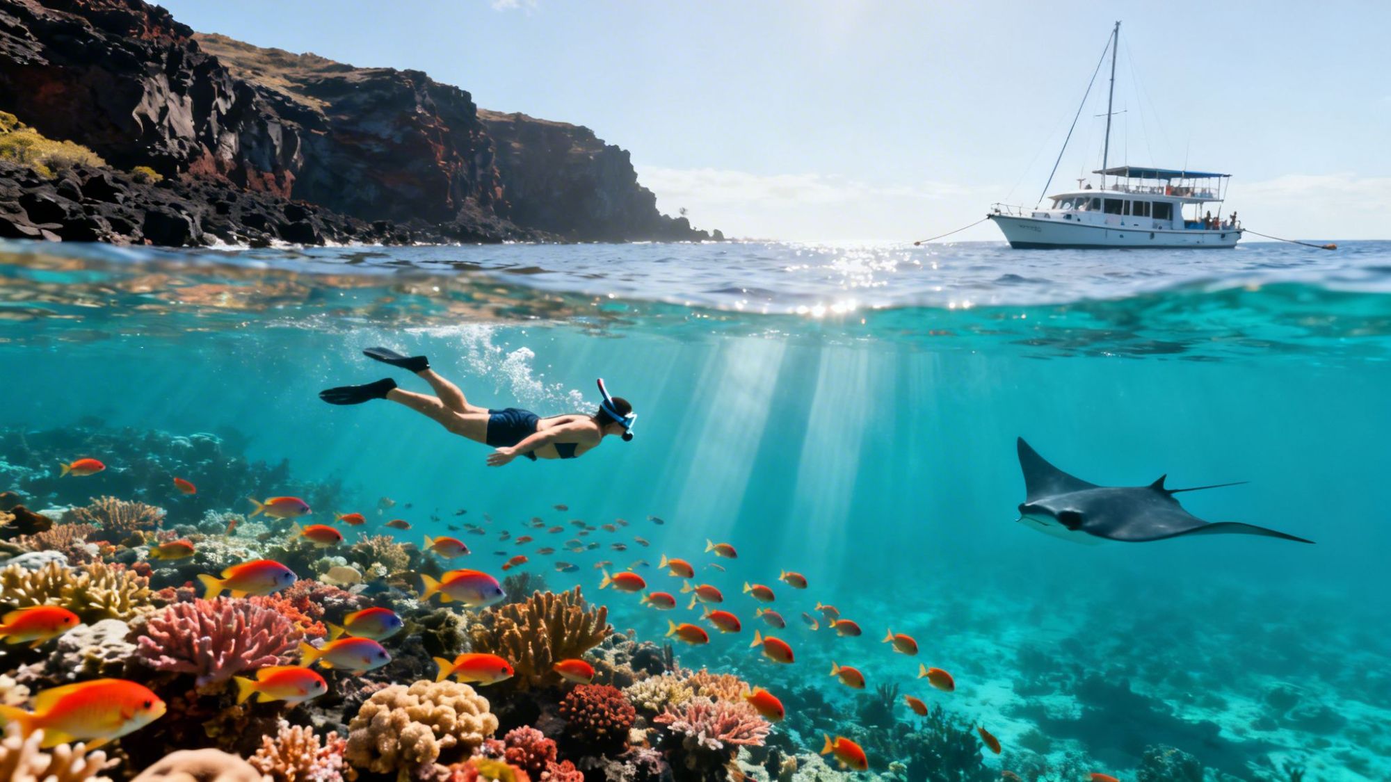 Snorkeler swims above coral reef with a manta ray and colorful fish; boat and cliffs in the background.
