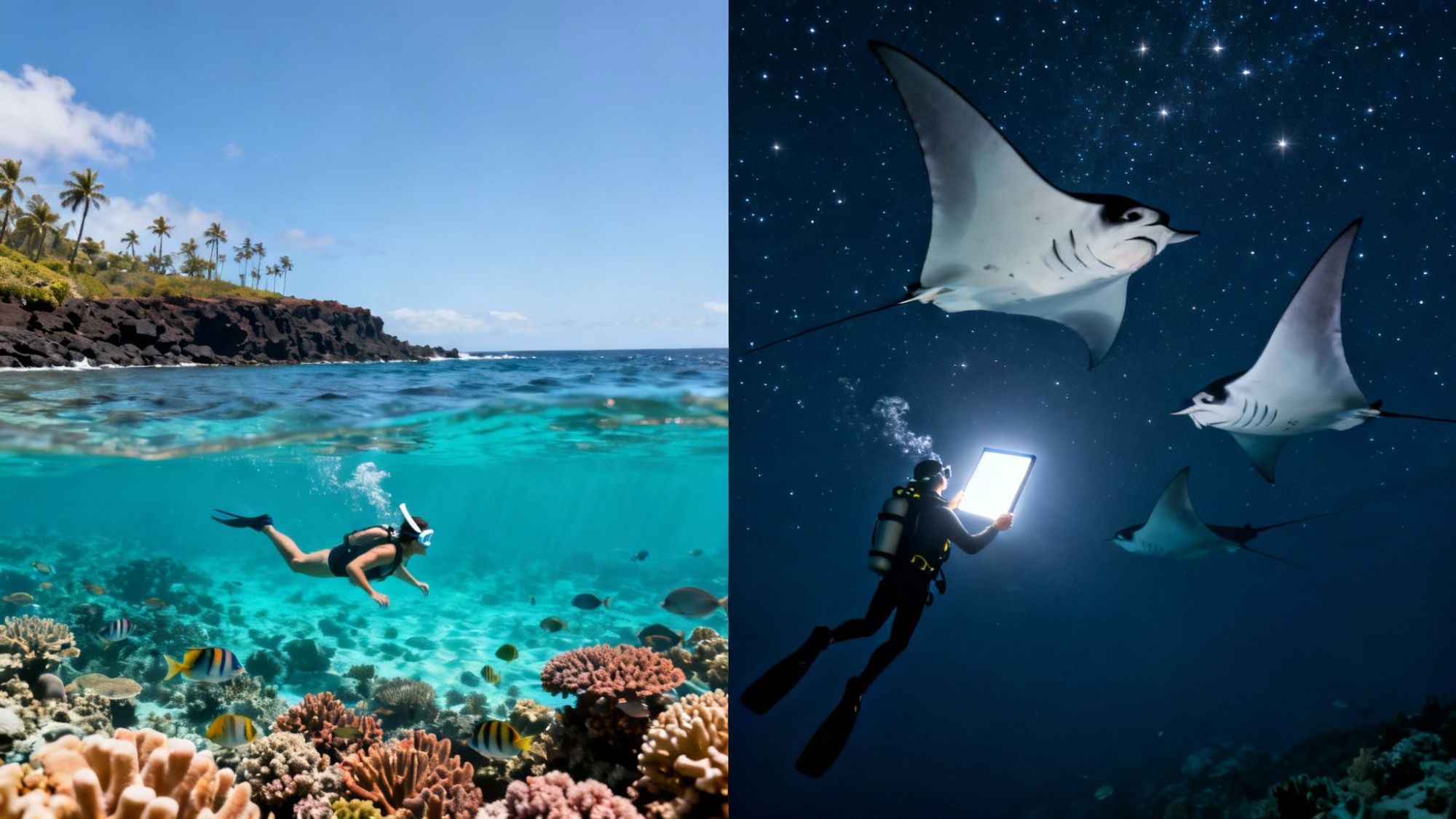 Day snorkeling on a reef, night diving with manta rays.