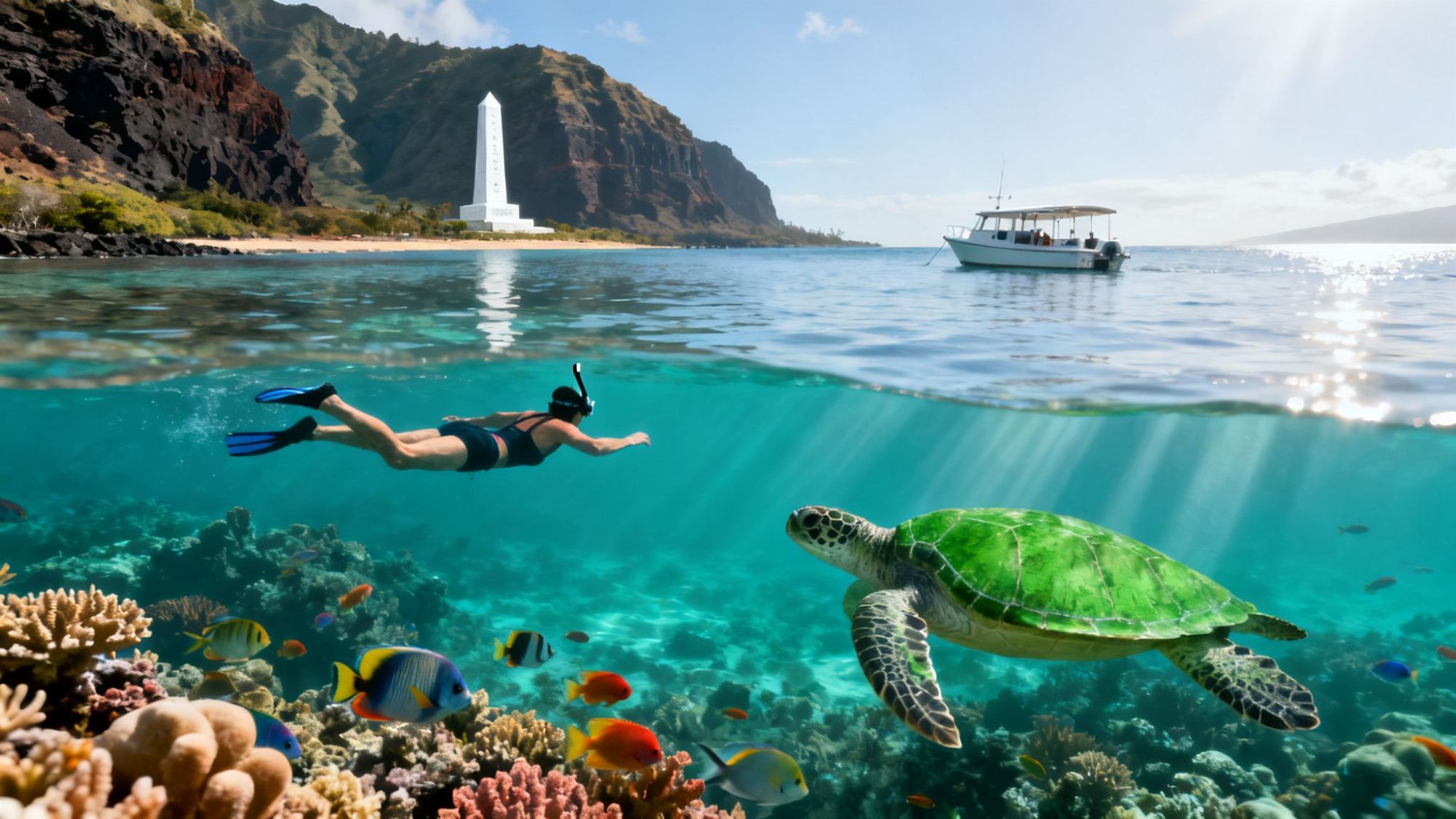 Snorkeler underwater near coral reef with a sea turtle, colorful fish, boat, and island with a monument in background.