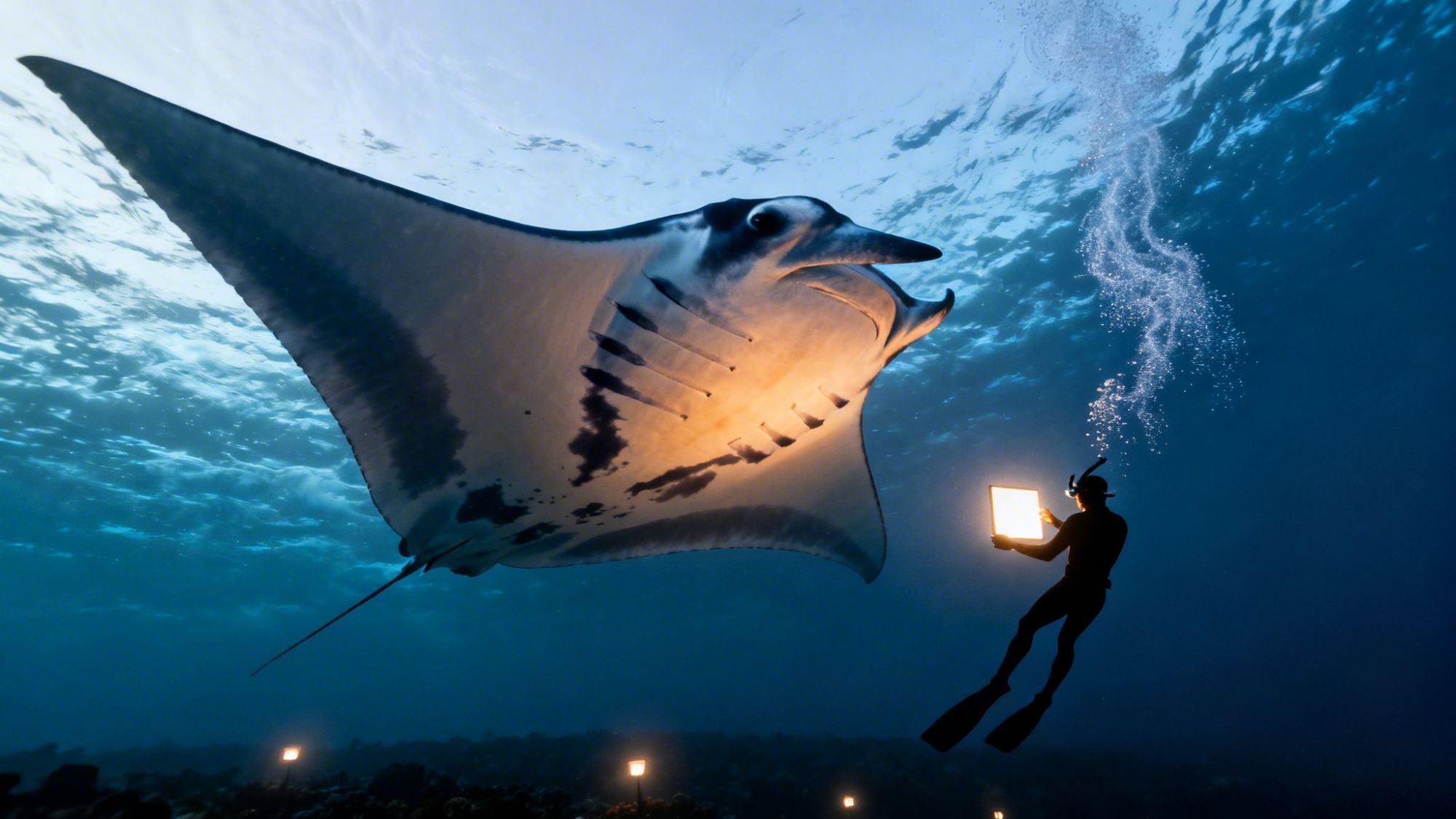 Diver with underwater light interacts with a large manta ray in blue ocean water.