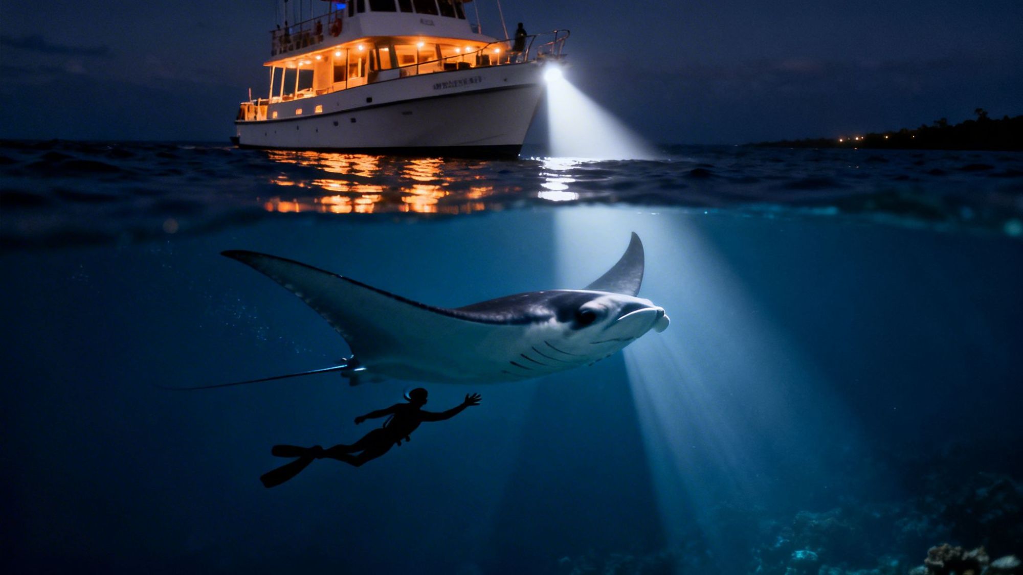 Diver swimming with manta ray under boat illuminated by spotlight at night.