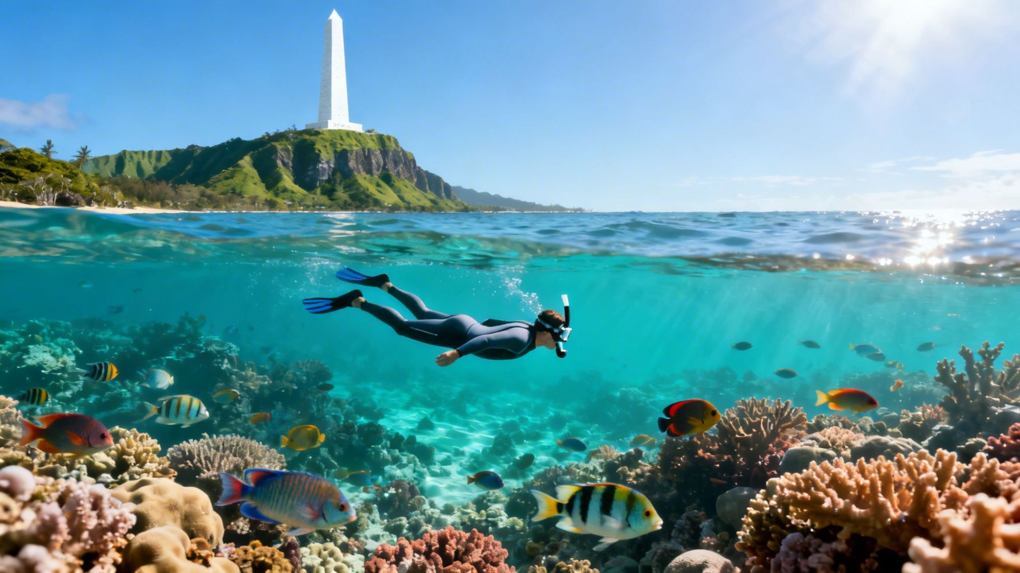 Person snorkeling in vibrant coral reef, clear water, with monument on hill in background, sunny sky above.