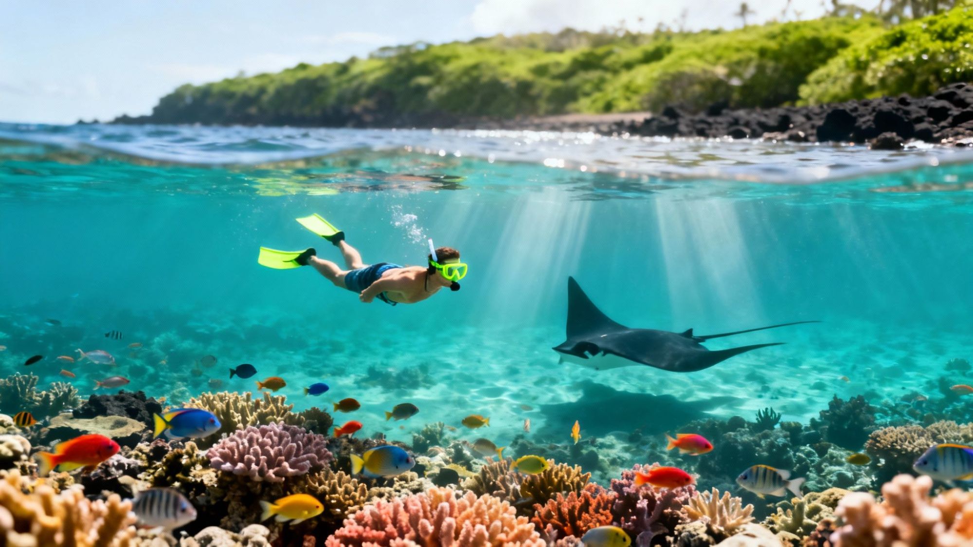 Person snorkeling with a manta ray over colorful coral reef near tropical island.