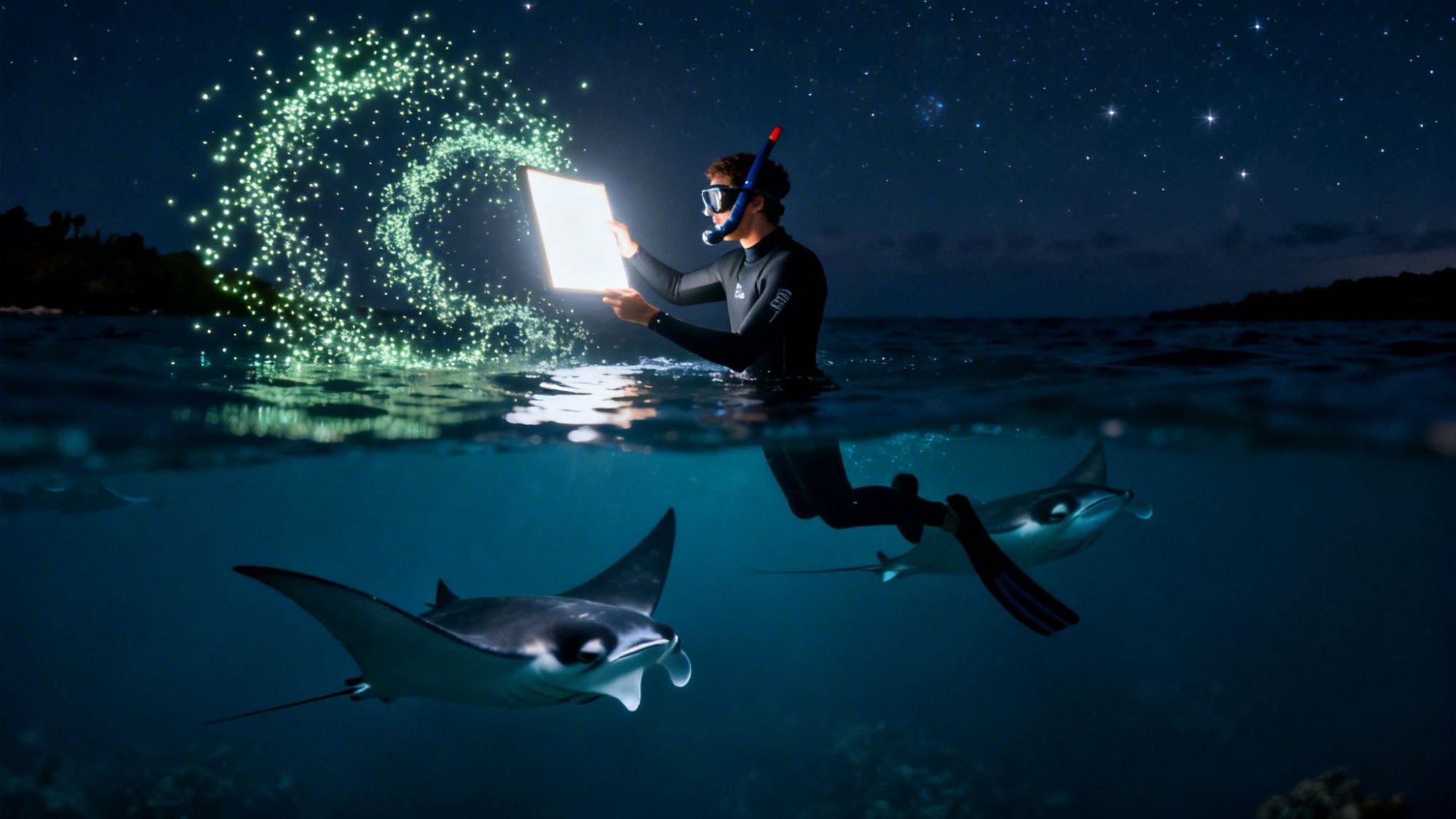 Snorkeler holds glowing tablet underwater at night, surrounded by bioluminescent particles and manta rays.