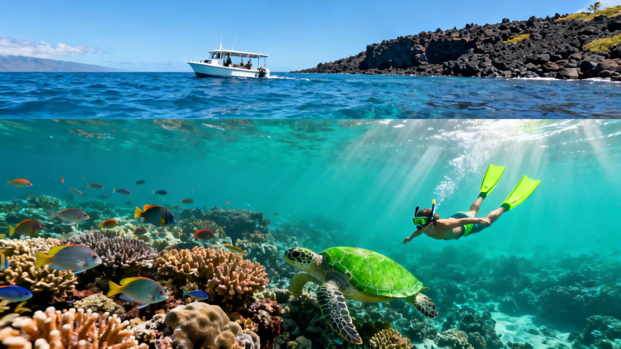 Person snorkeling above coral reef with sea turtle; boat on surface, rocky coastline in background.