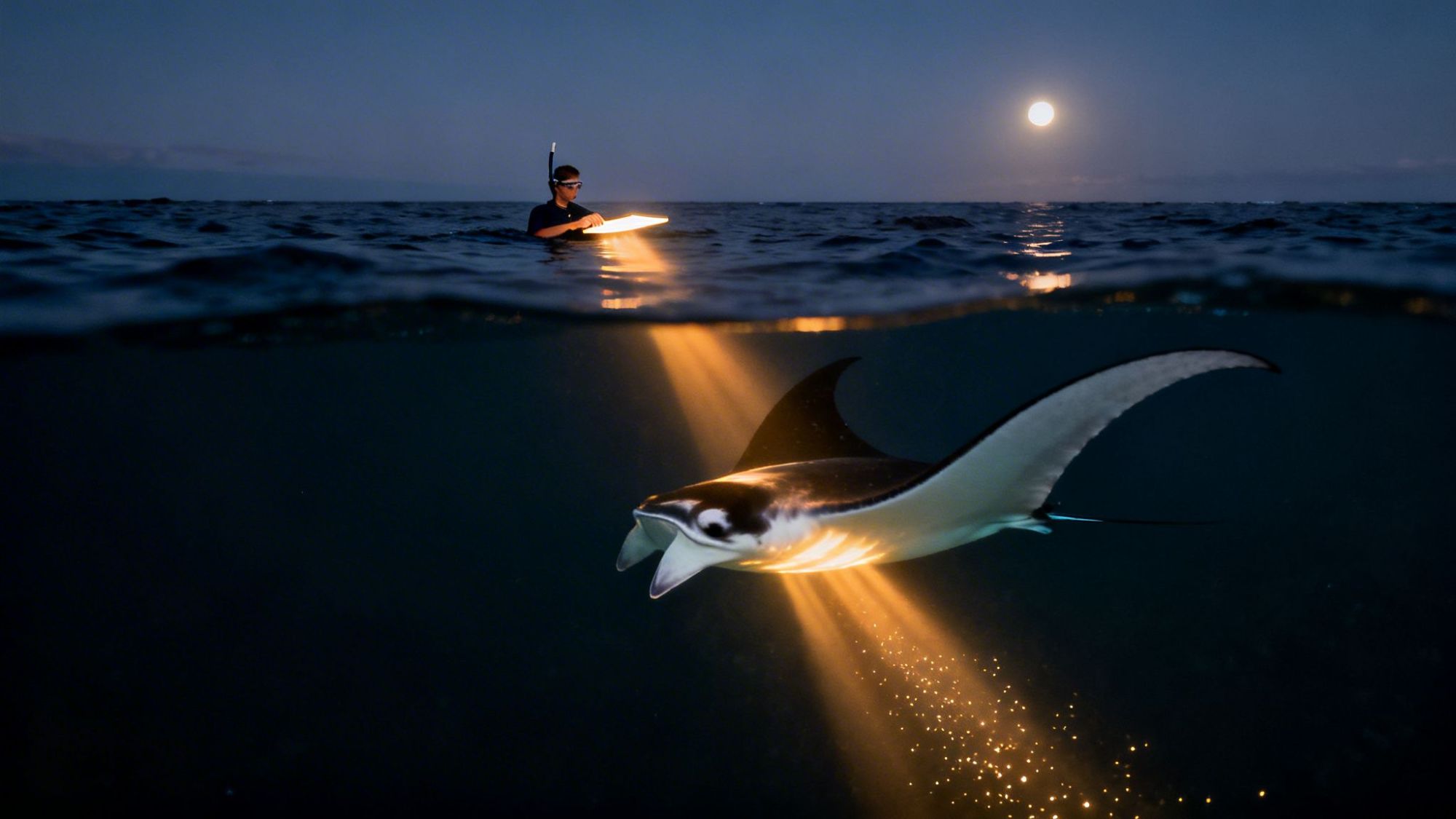 Diver holds light over water as manta ray swims below, with full moon in background.