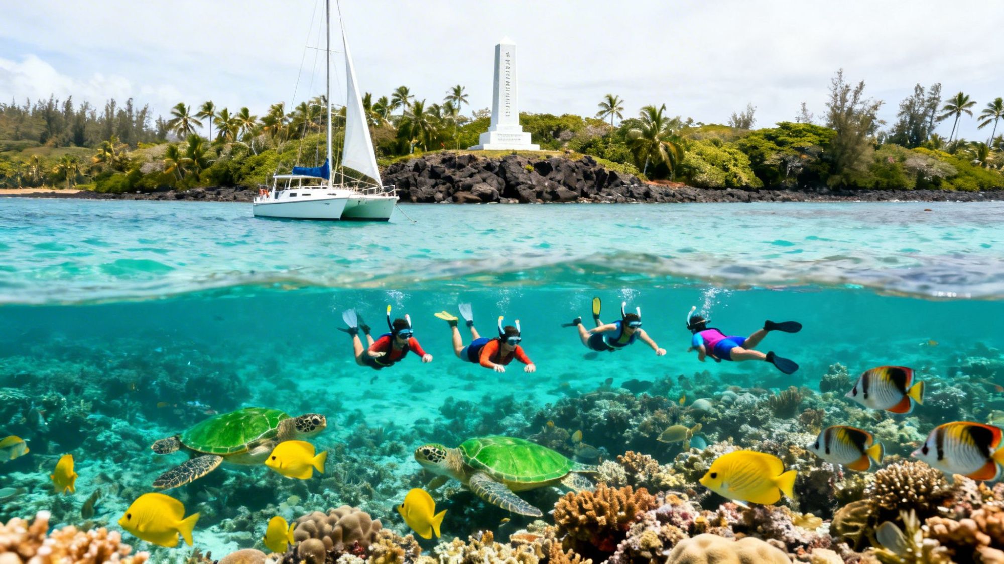 Snorkelers and turtles near coral reef with a sailboat and monument in background.