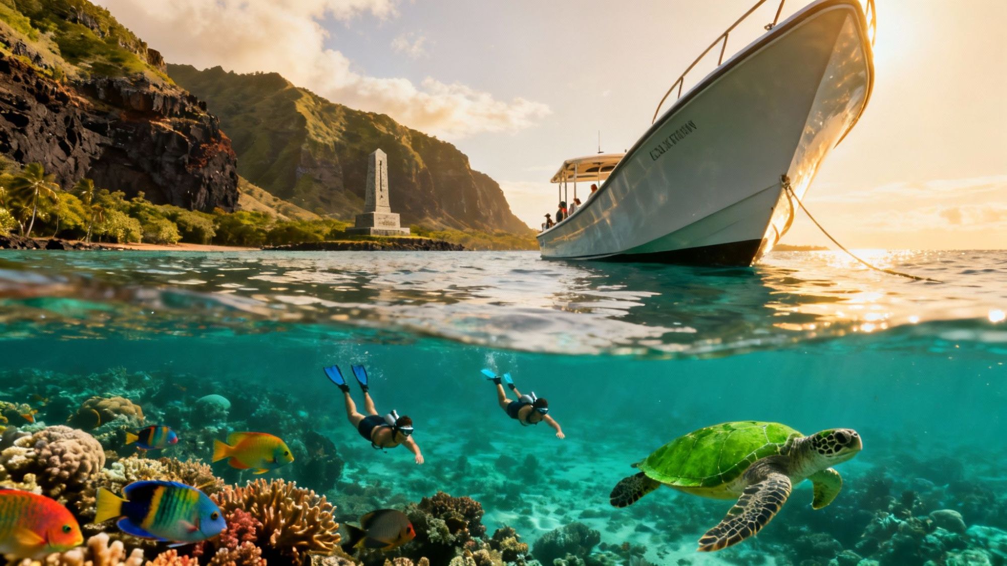 Boat on water near rocky shore; underwater view of swimmers, fish, and turtle.