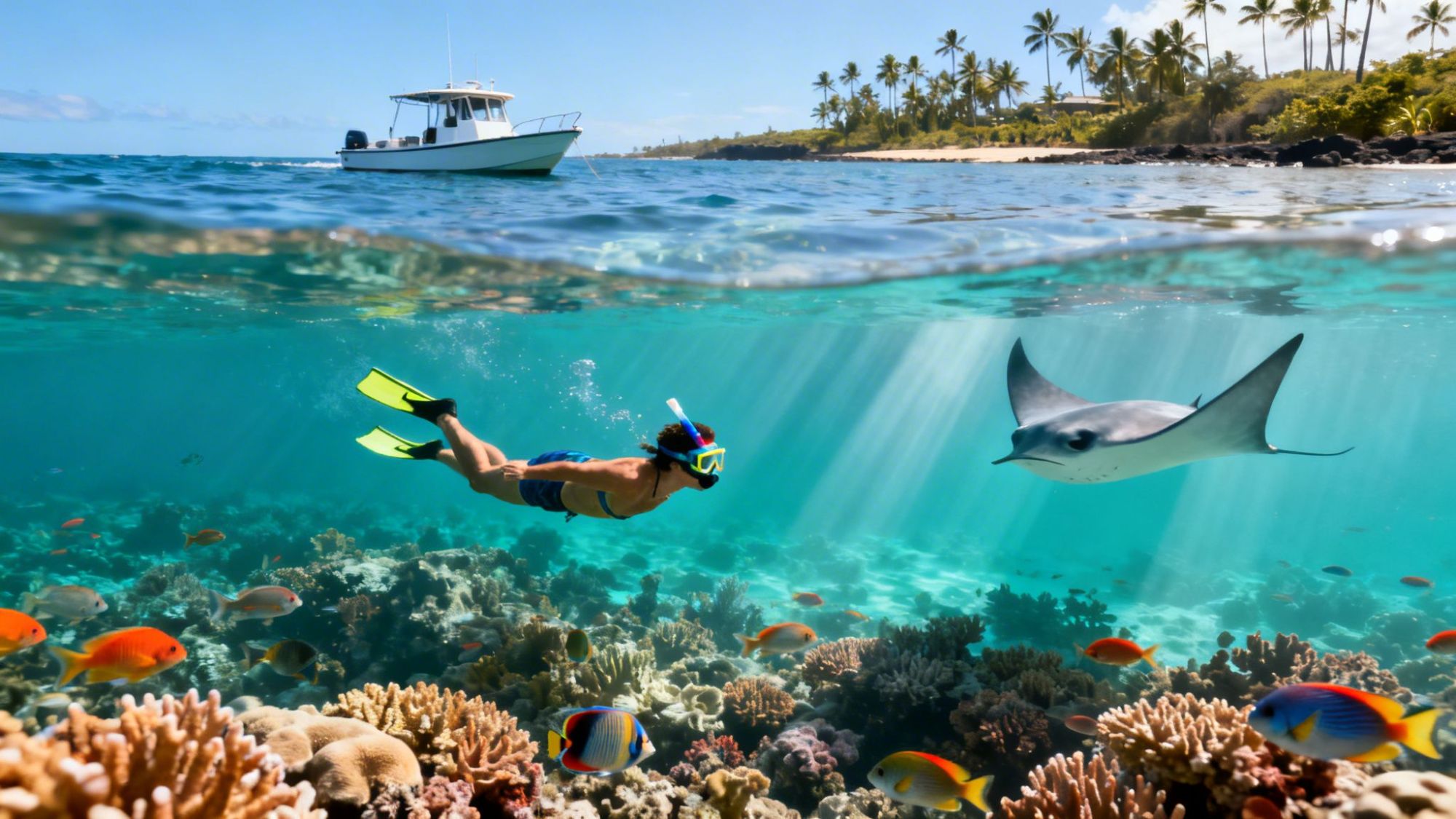 Snorkeler swims near a manta ray above coral reef; boat and palm trees in the background.