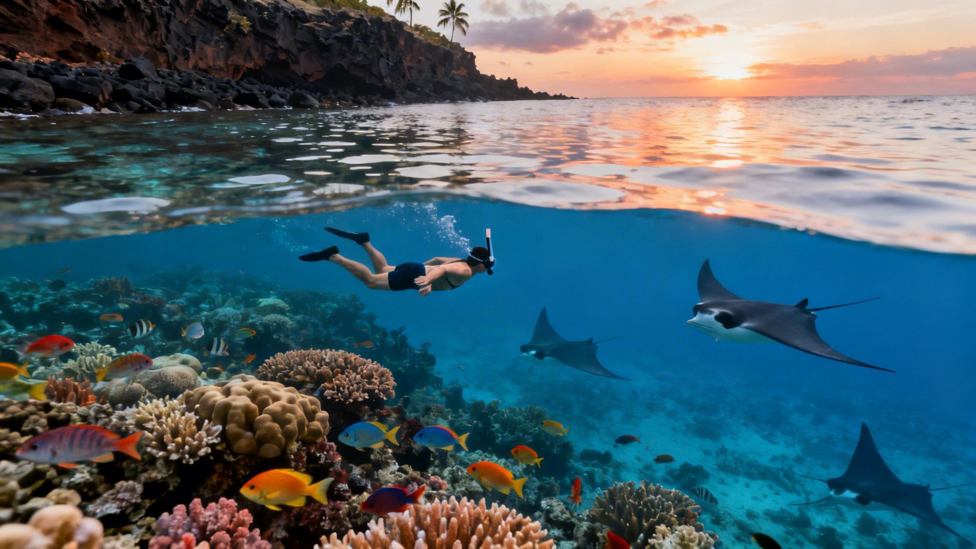 Snorkeler swims above colorful coral reef with fish and manta rays at sunset.