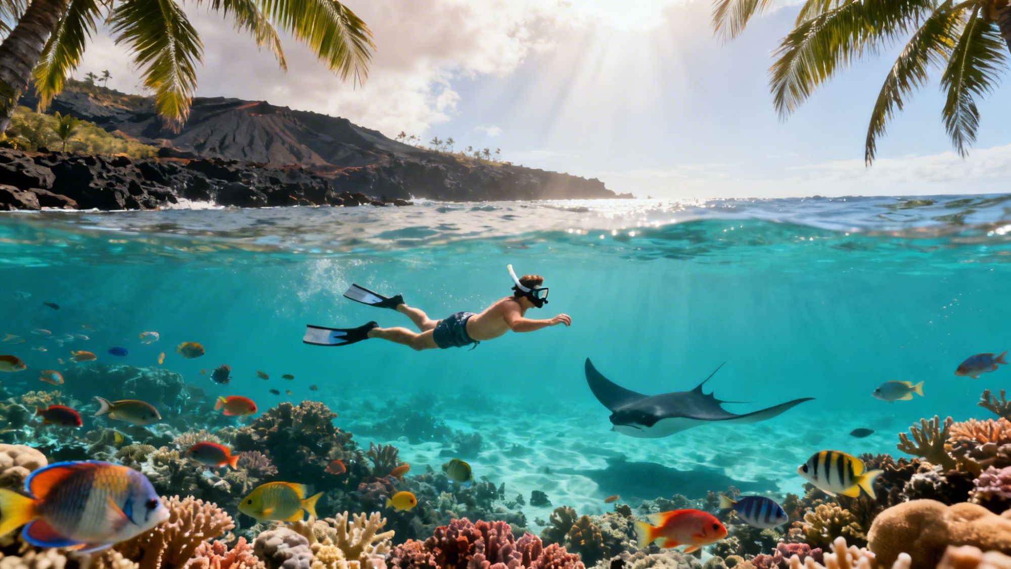 Snorkeler swims with stingray over coral reef, surrounded by colorful fish, under bright sun and palm trees.