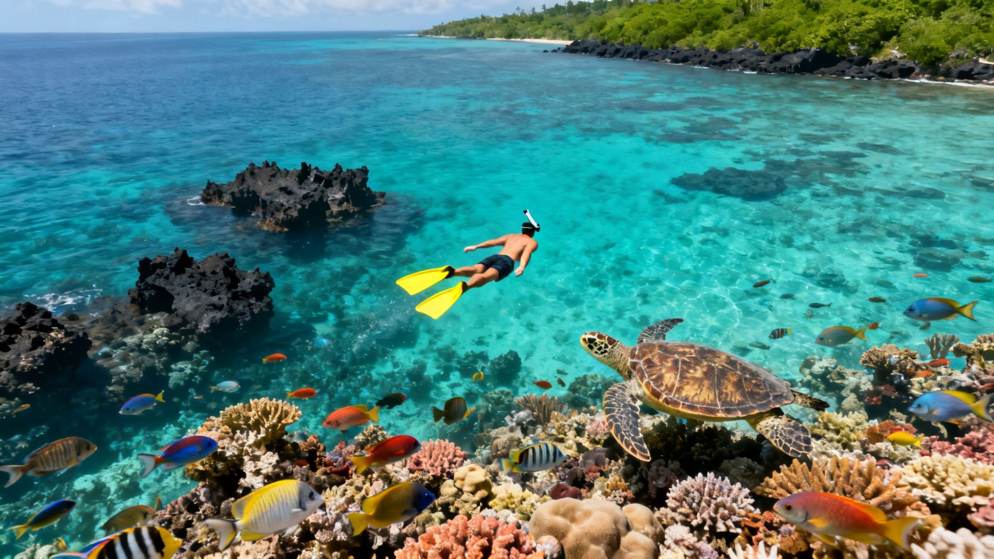 Person snorkeling over colorful coral reef with fish and a turtle in clear turquoise water near rocky shore.