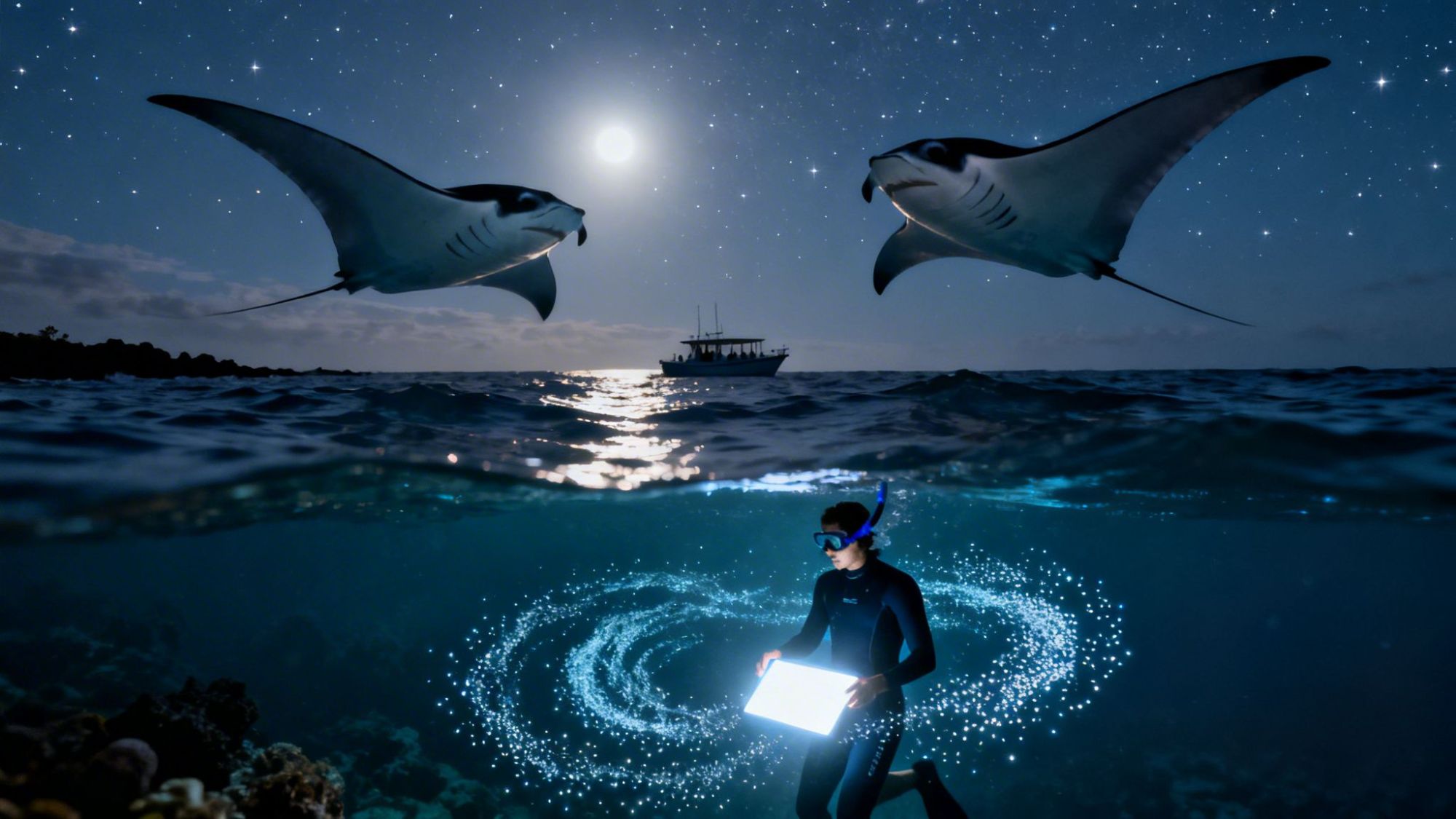 Diver holding light underwater with manta rays above, moonlit ocean and boat in the background.