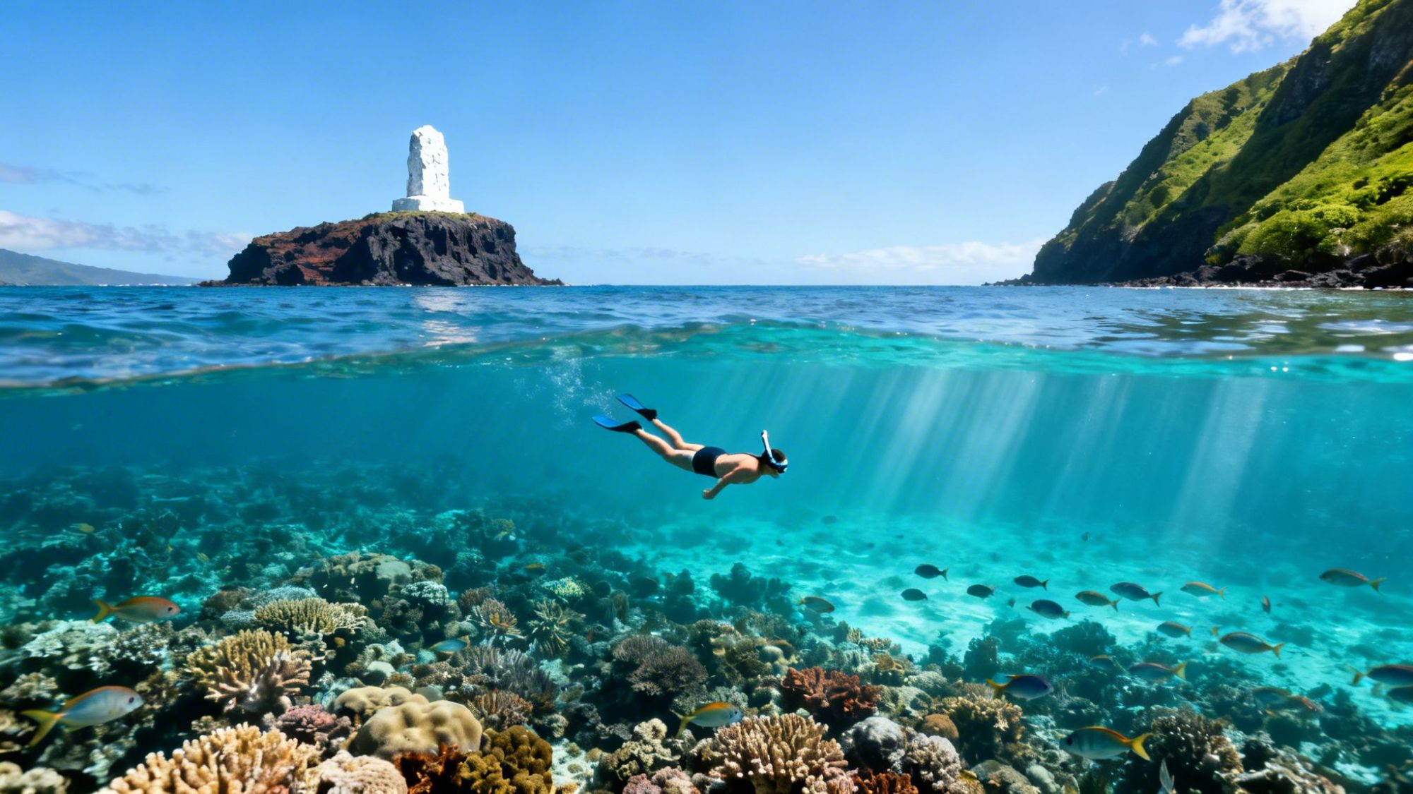Person snorkeling over coral reef, with rocky island and clear blue sky in the background.