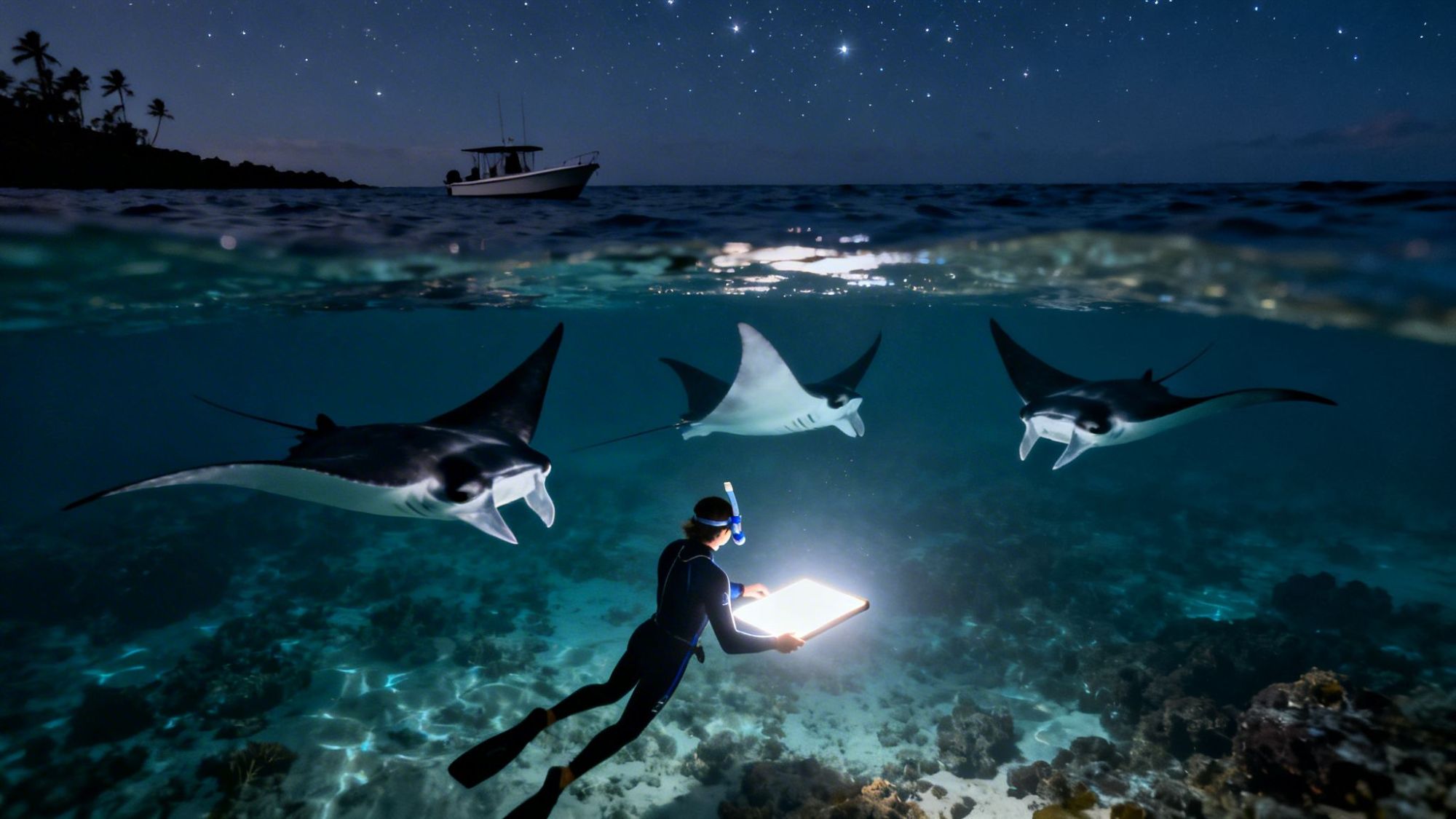 Diver holds tablet underwater near manta rays and reef, with stars and boat above the surface.