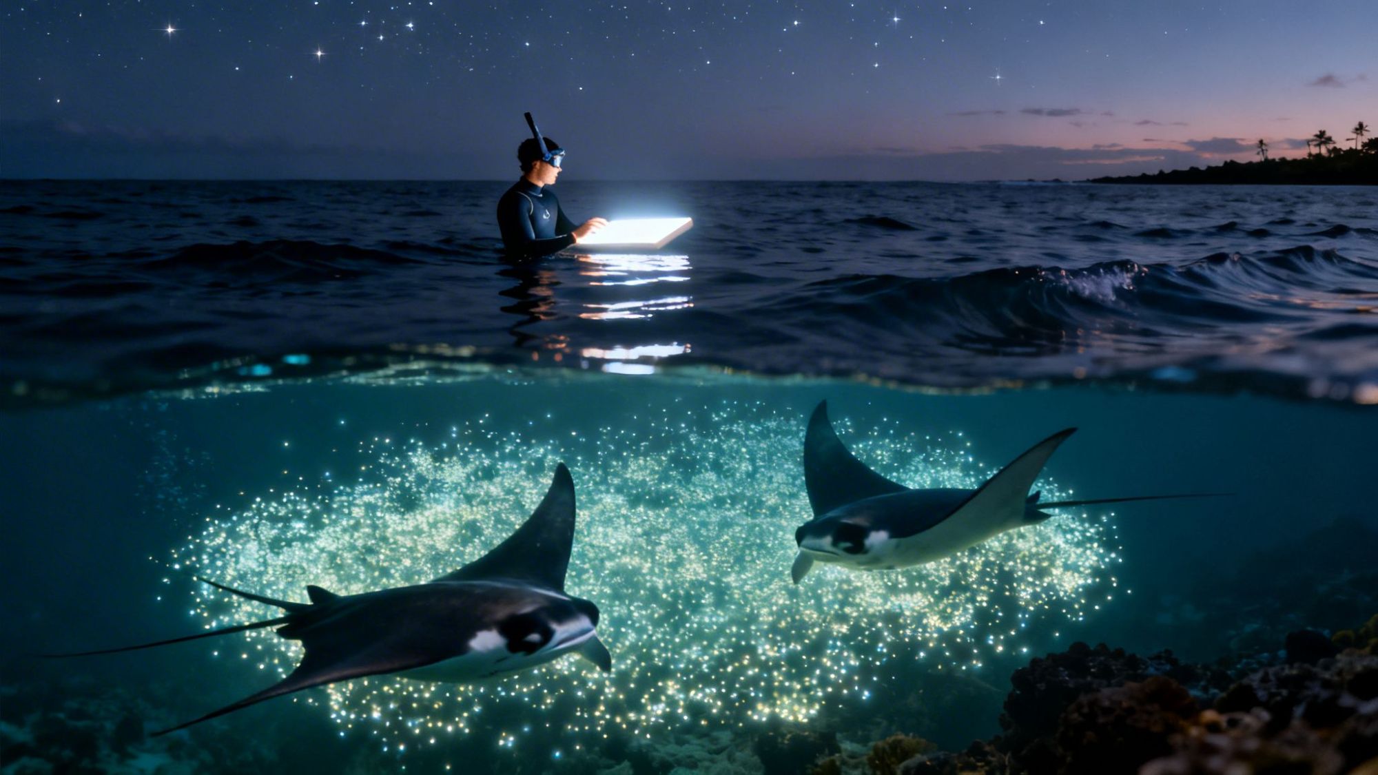 Snorkeler with tablet above water, manta rays swimming below, starry sky in the background.