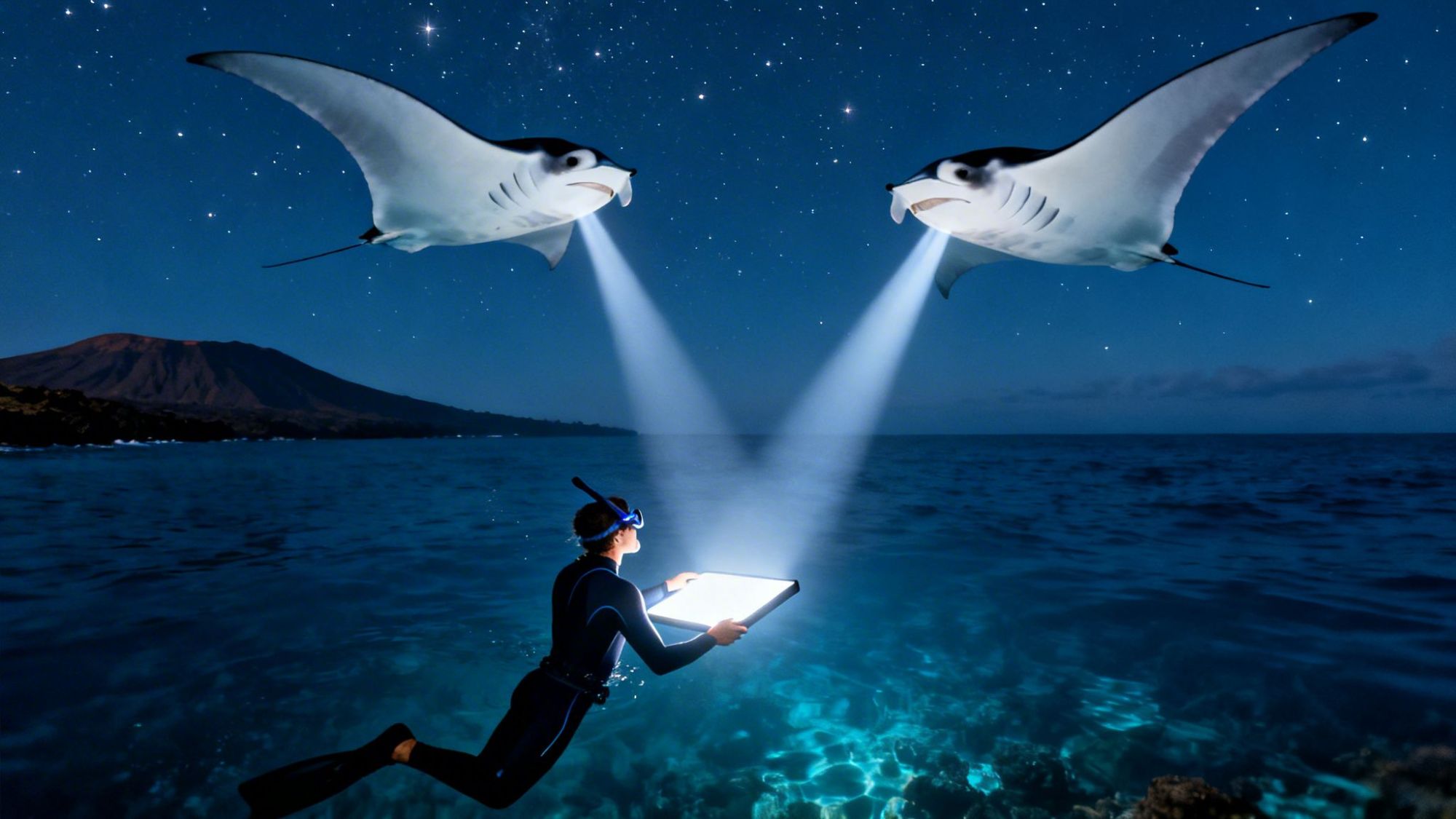 Diver with tablet interacting with two manta rays under starry sky.