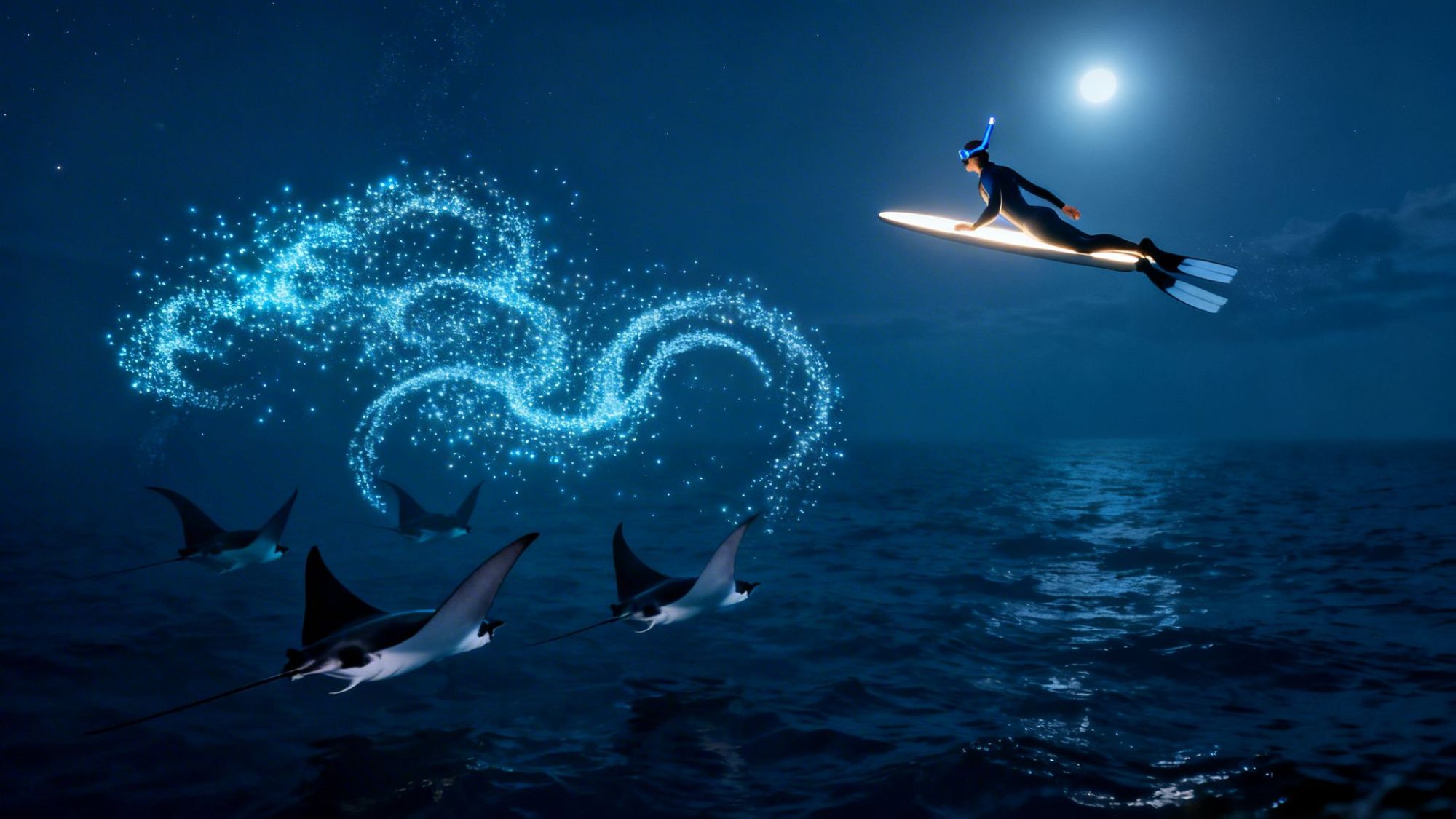 Person surfing above ocean at night, surrounded by glowing manta rays and bioluminescent light trails.