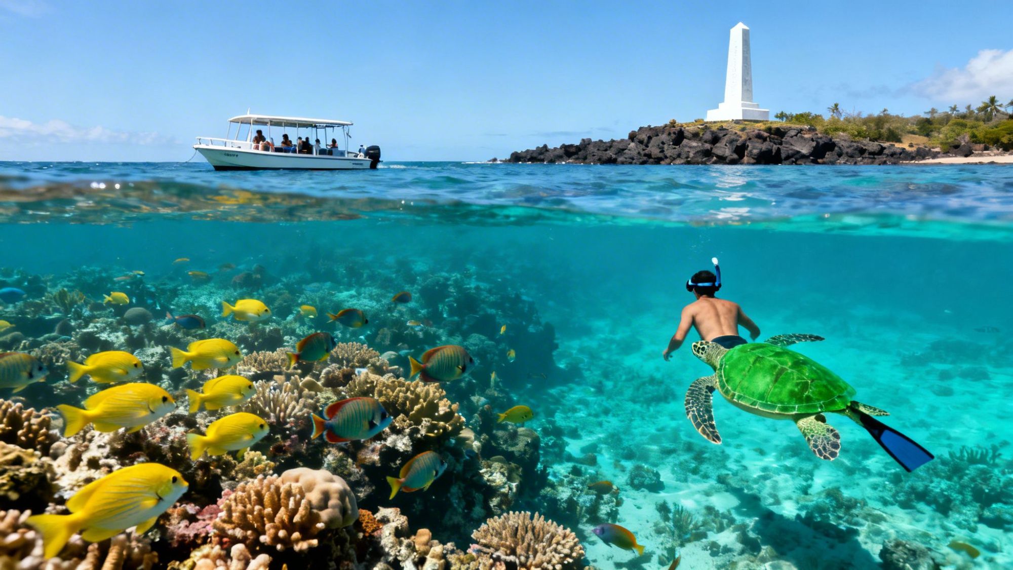 Snorkeler and turtle over coral reef, with boat and monument in background above water.