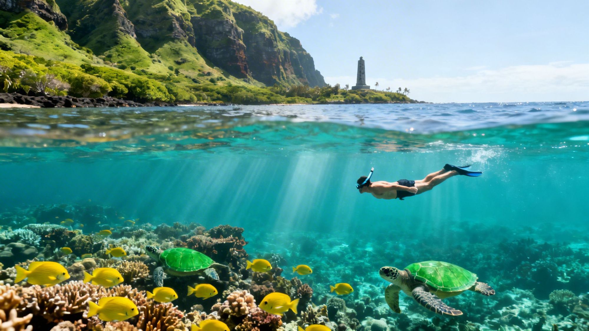 Person snorkeling above coral reef with fish and turtle, lush mountains in background.