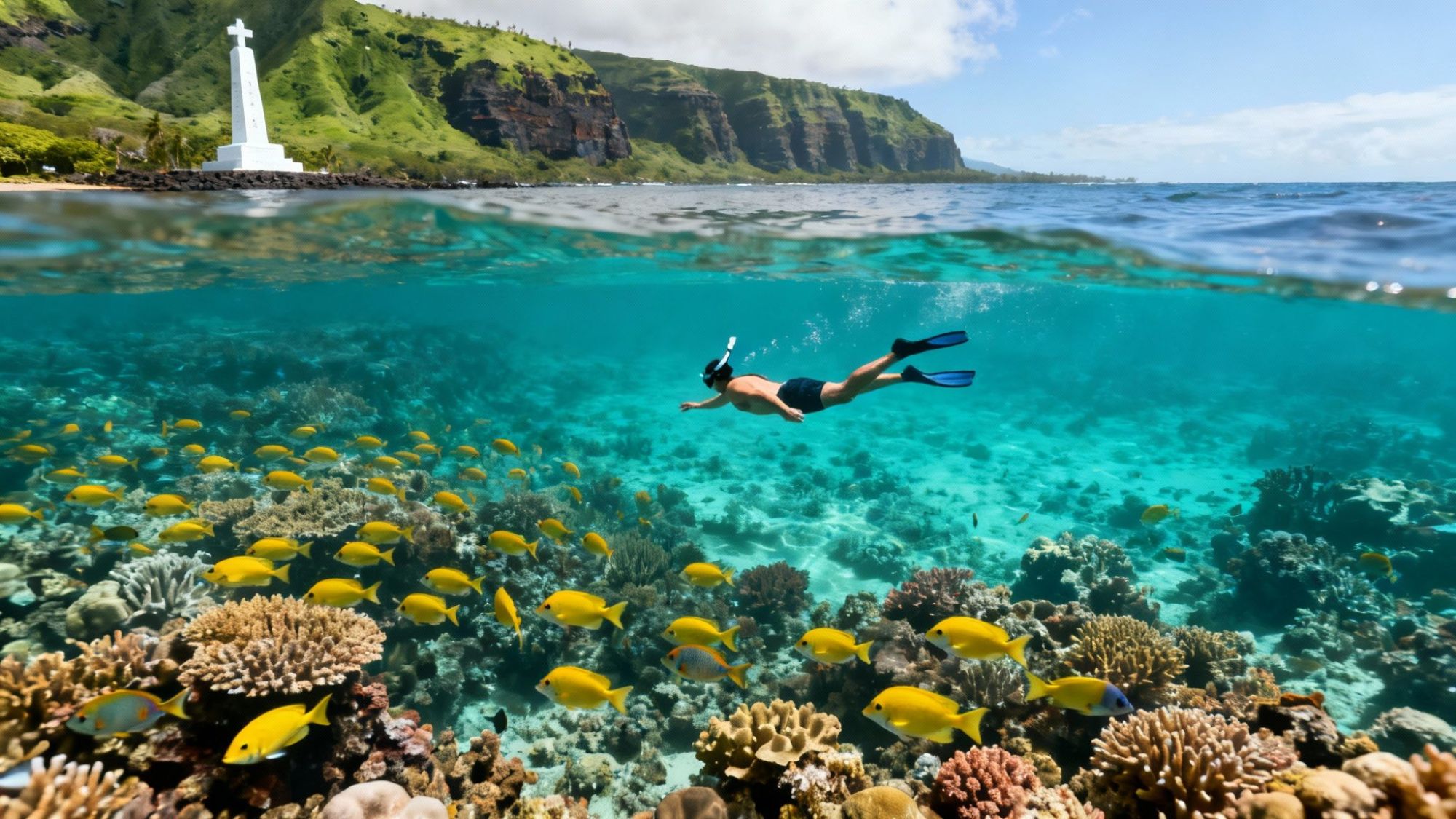 Snorkeler swims above coral reef with yellow fish; monument and cliffs in the background.